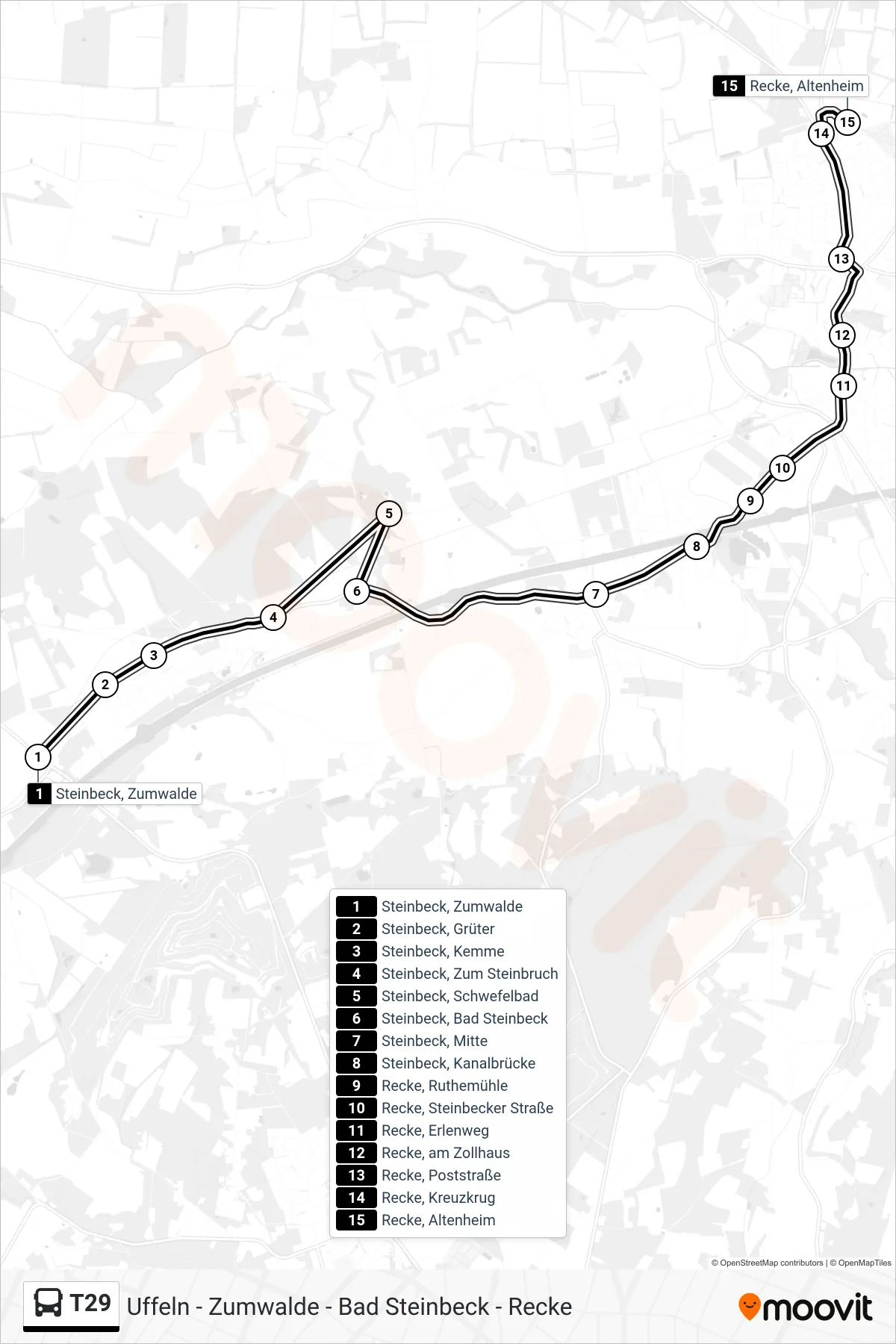 Linie T29 (Bus) Richtung Recke, Altenheim: Route und Haltestellen auf der Karte