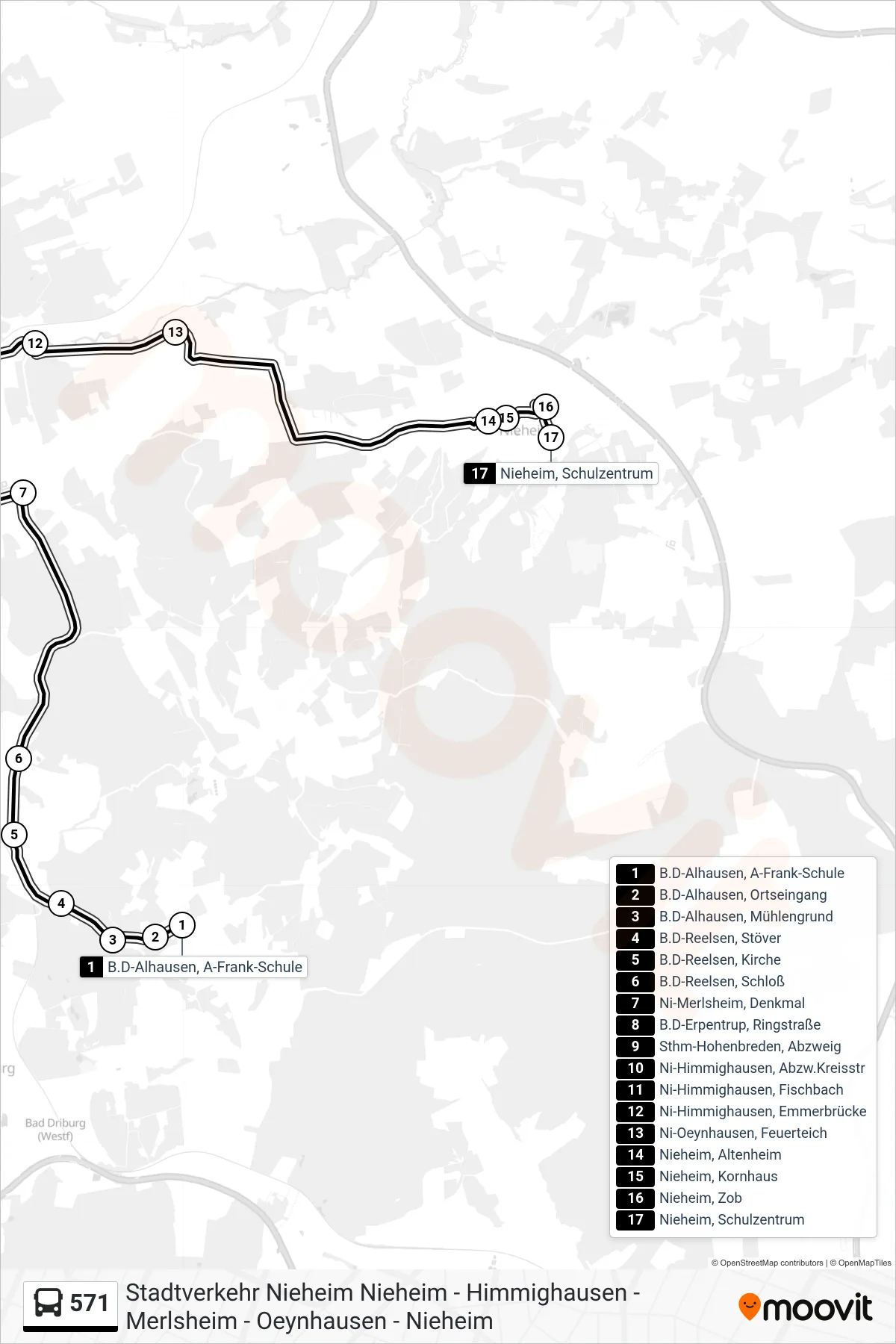 571 bus Line (Nieheim, Schulzentrum) route and stops on a map