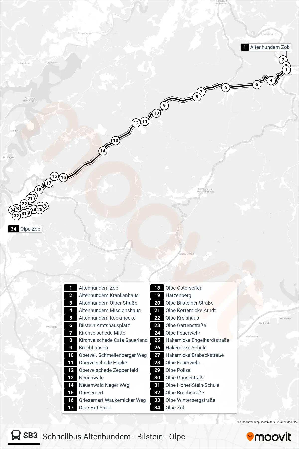 SB3 bus Line (Olpe Zob Bstg 15) route and stops on a map