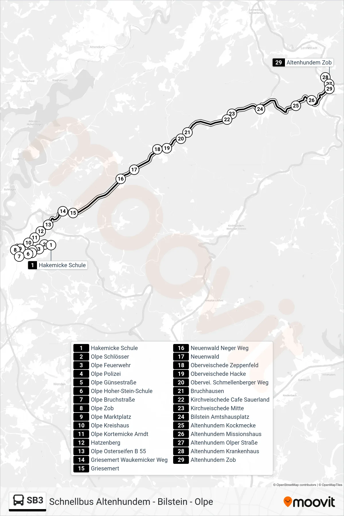 SB3 bus Line (Altenhundem Zob Bstg 2a) route and stops on a map