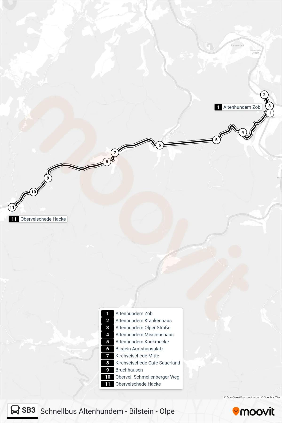 SB3 bus Line (Oberveischede Hacke) route and stops on a map