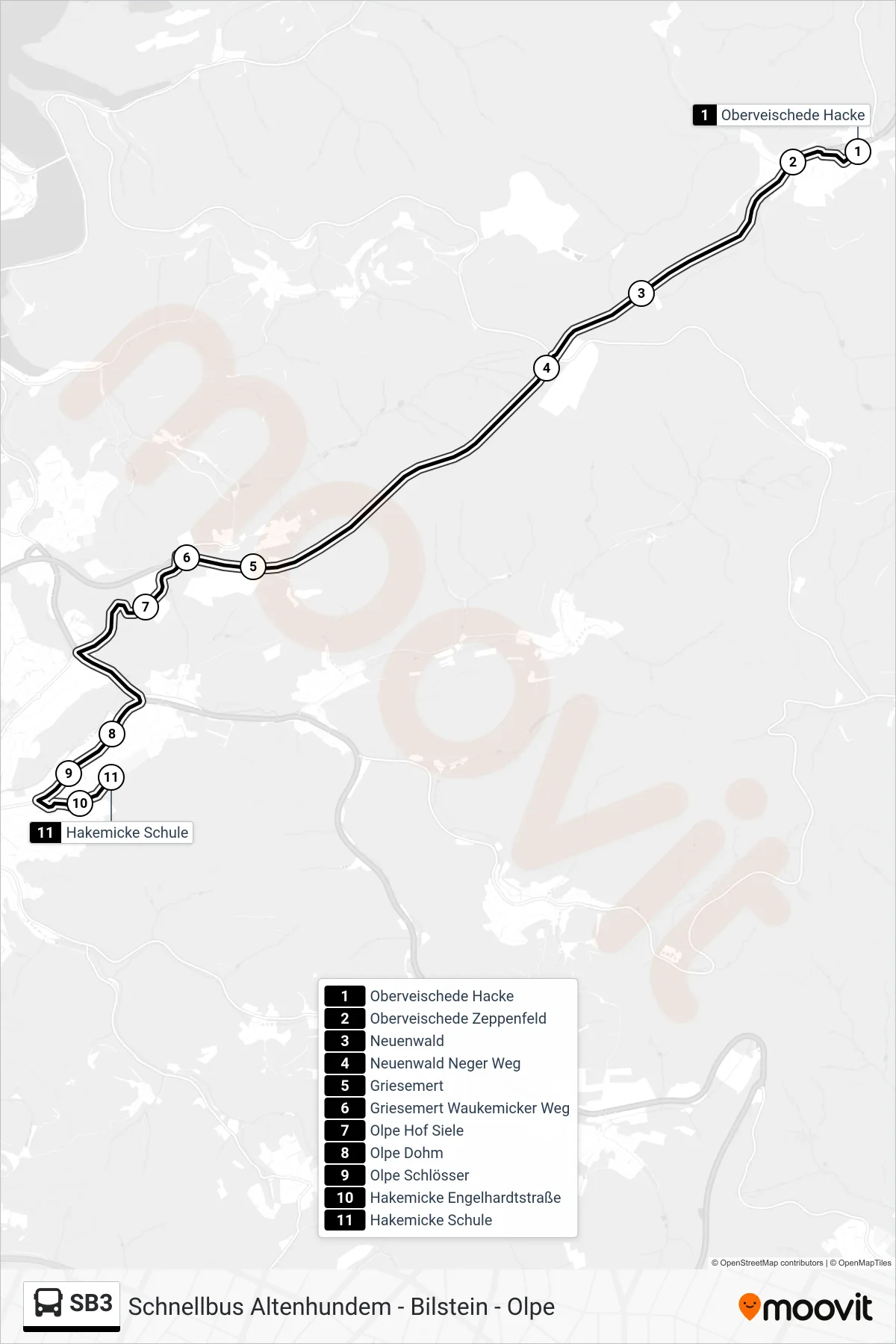 SB3 bus Line (Hakemicke Schule) route and stops on a map