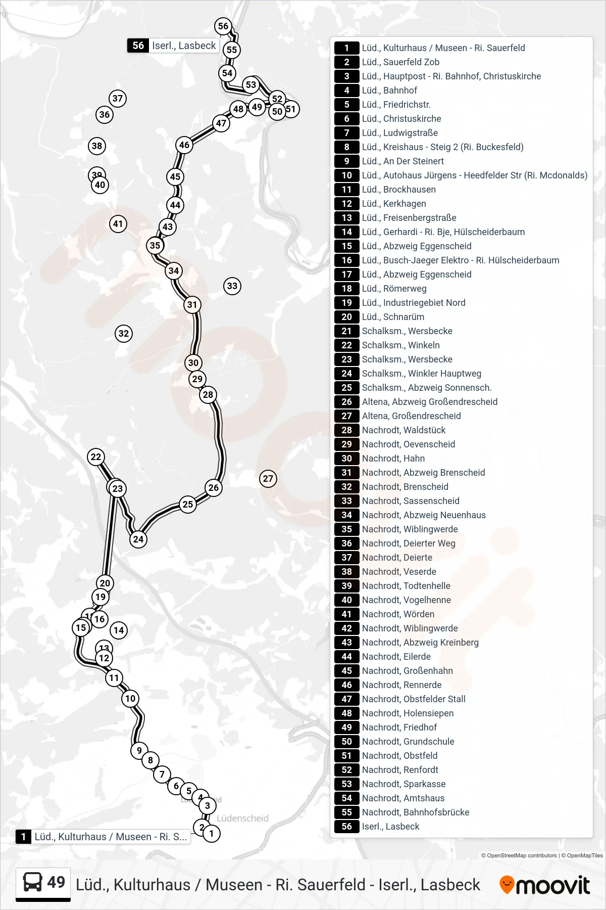 49 bus Line (Iserl., Lasbeck) route and stops on a map