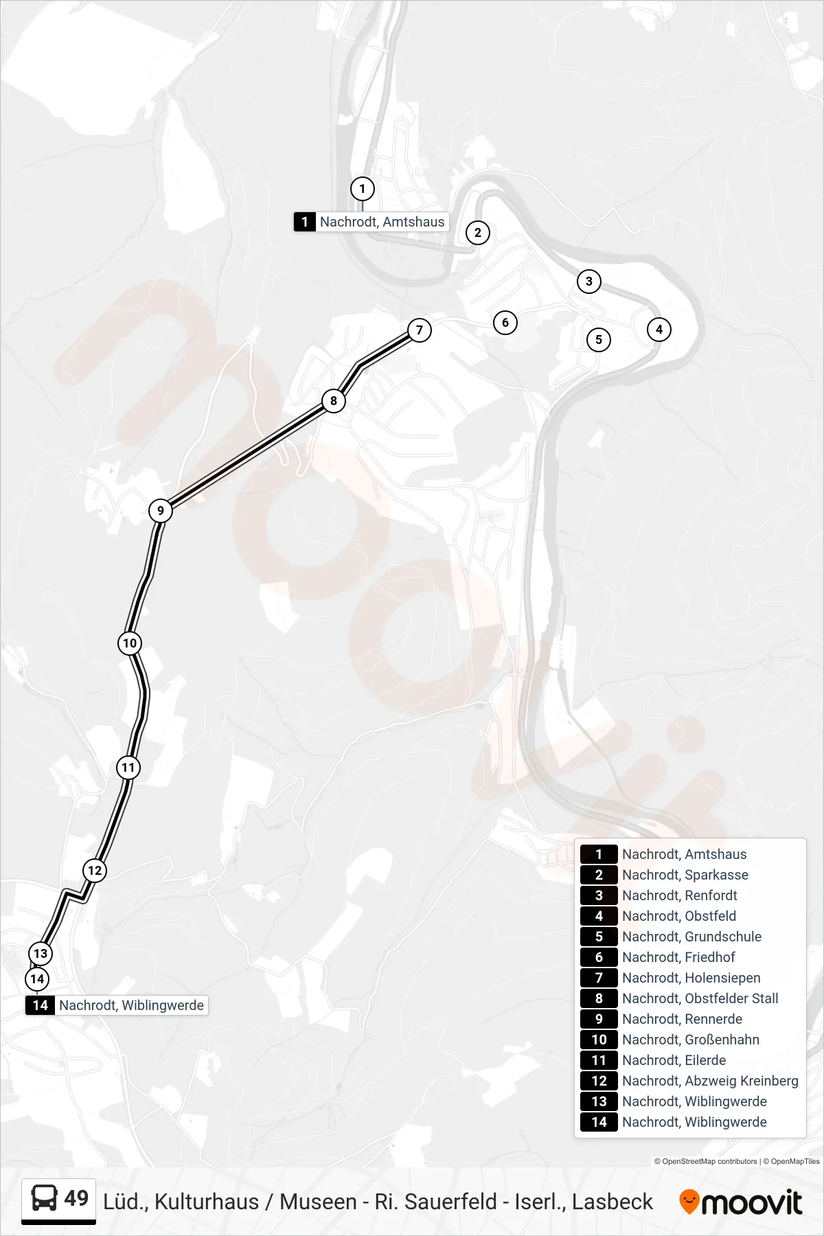 49 bus Line (Nachrodt, Wiblingwerde) route and stops on a map