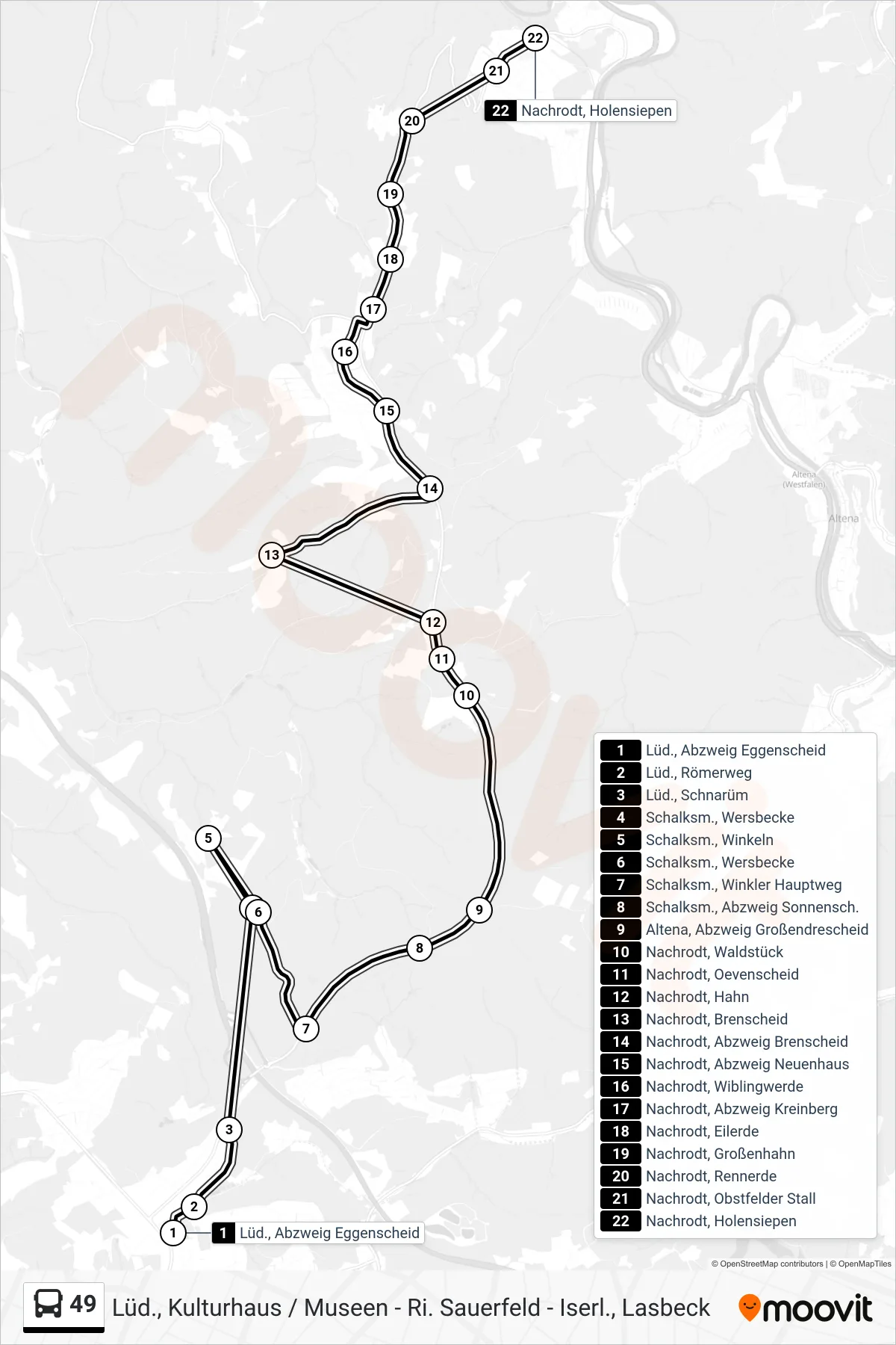 49 bus Line (Nachrodt, Holensiepen) route and stops on a map