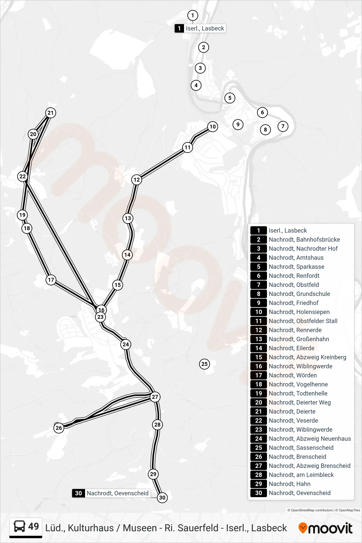 49 bus Line (Nachrodt, Oevenscheid) route and stops on a map