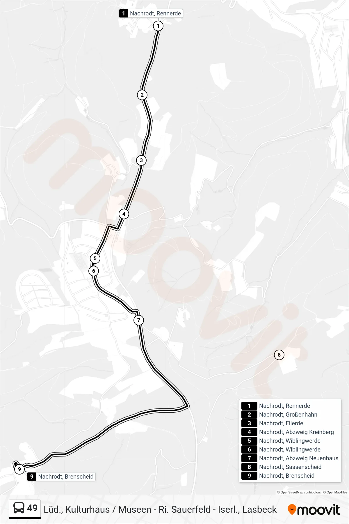 49 bus Line (Nachrodt, Brenscheid) route and stops on a map