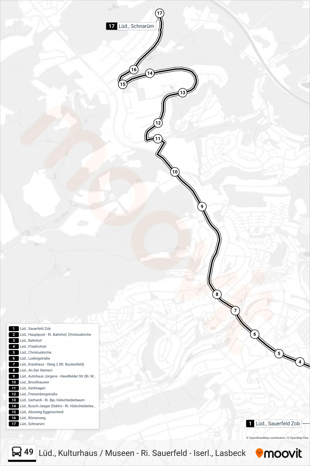 49 bus Line (Lüd., Schnarüm) route and stops on a map