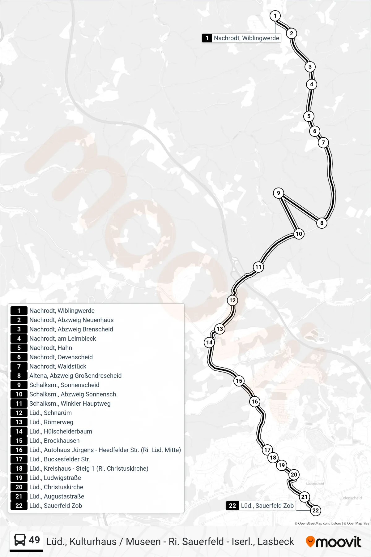 Linie 49 (Bus) Richtung Lüd., Sauerfeld Zob - Steig 2d: Route und Haltestellen auf der Karte