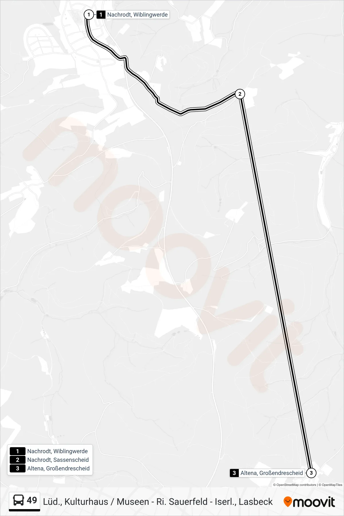 49 bus Line (Altena, Großendrescheid) route and stops on a map