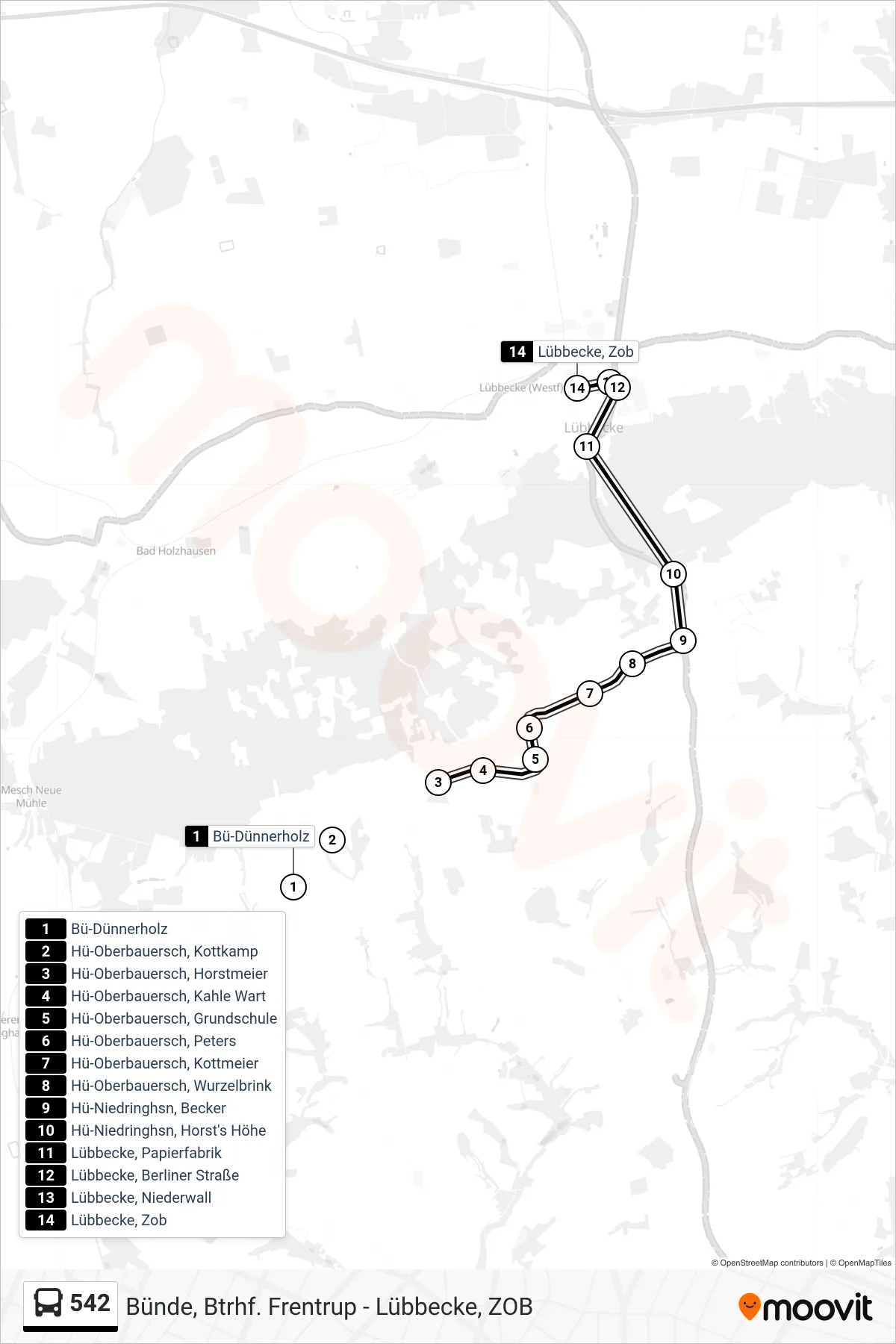 542 bus Line (Lübbecke Zob) route and stops on a map