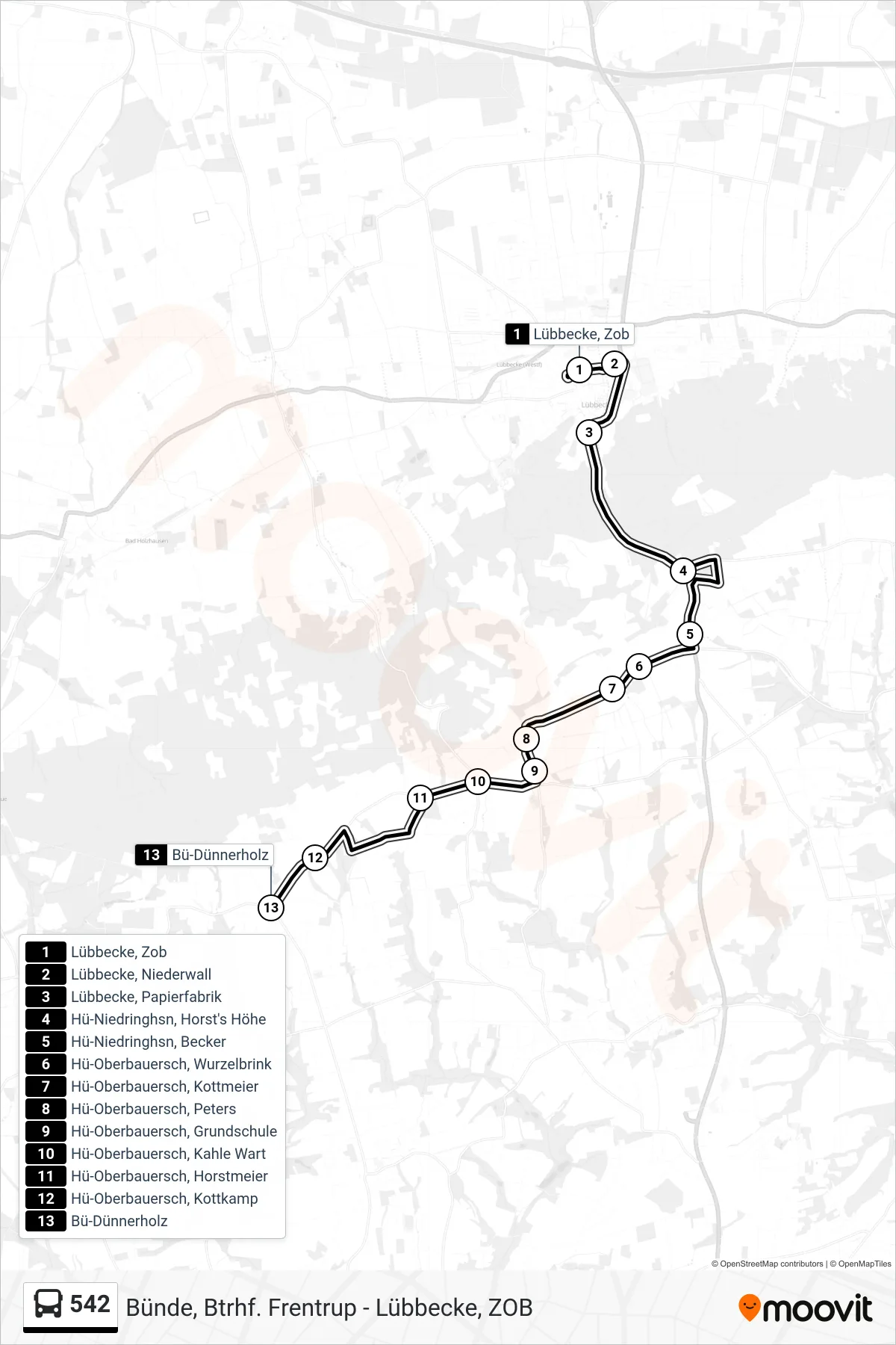 542 bus Line (Dünnerholz) route and stops on a map