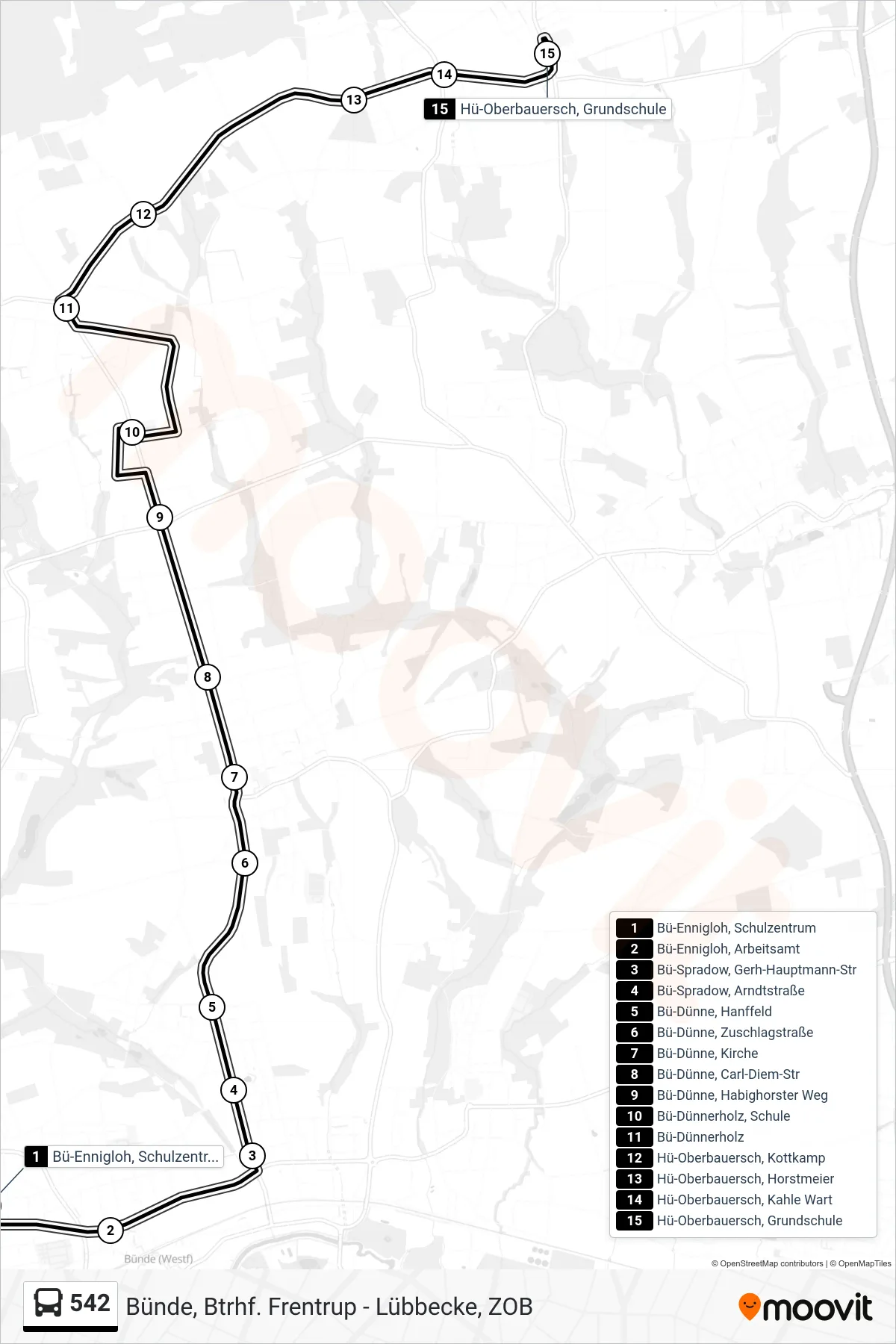 542 bus Line (Oberbauerschaft) route and stops on a map
