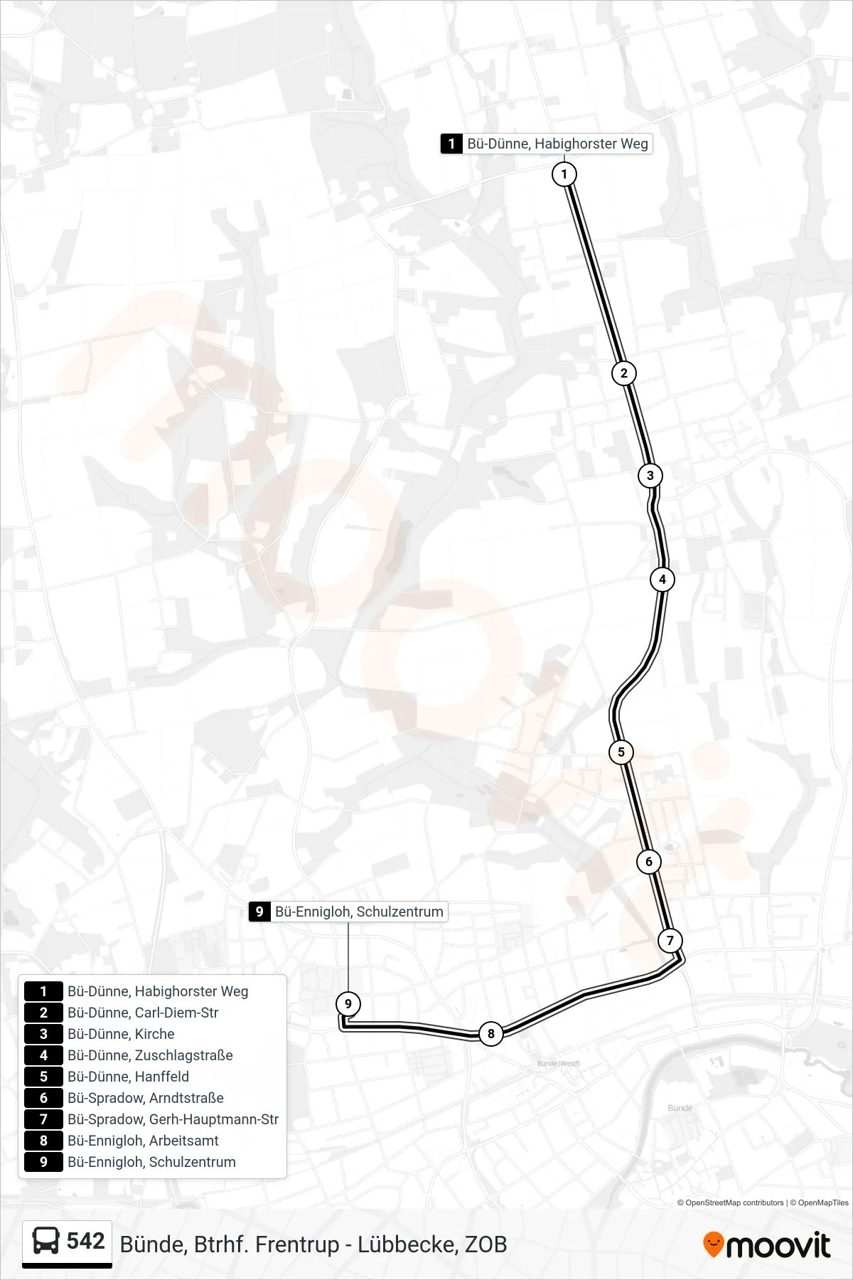 Linie 542 (Bus) Richtung Bünde Schulzentrum Nord: Route und Haltestellen auf der Karte