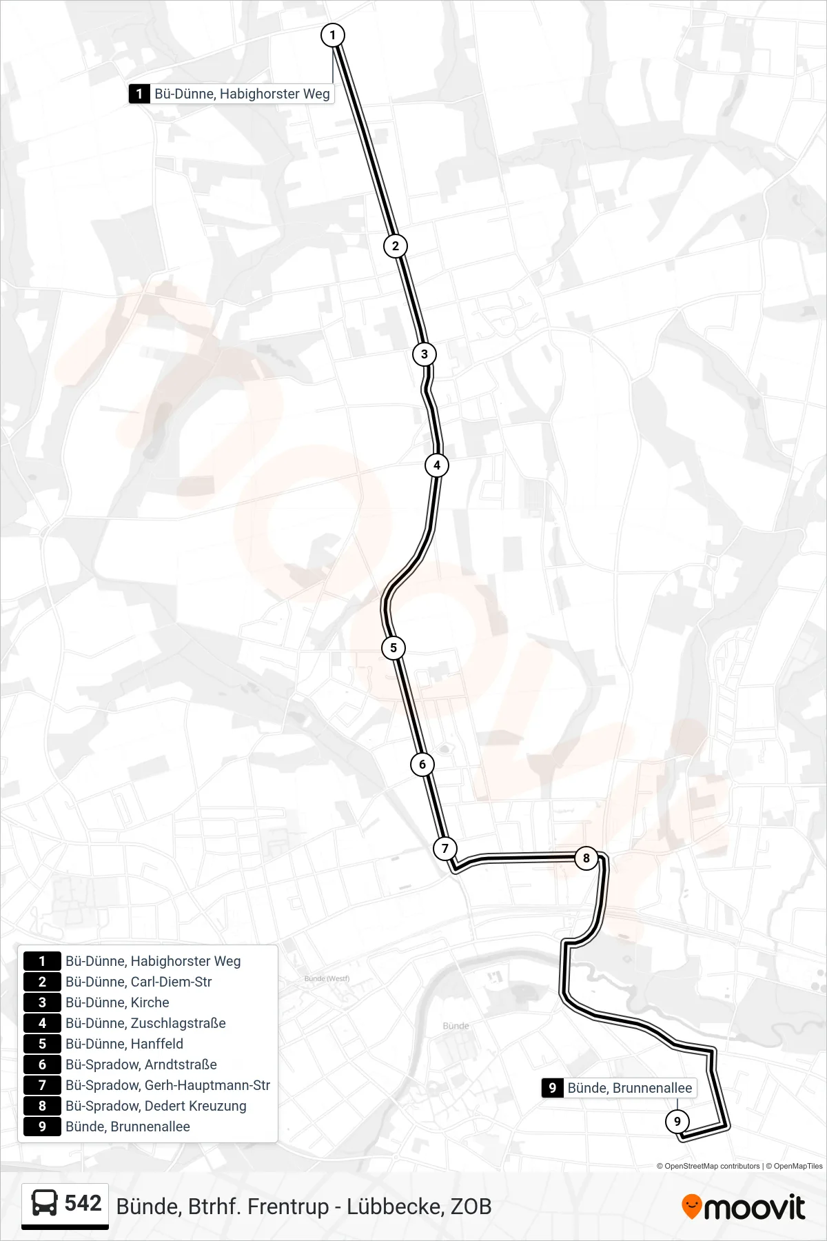 542 bus Line (Bünde Brunnenallee) route and stops on a map