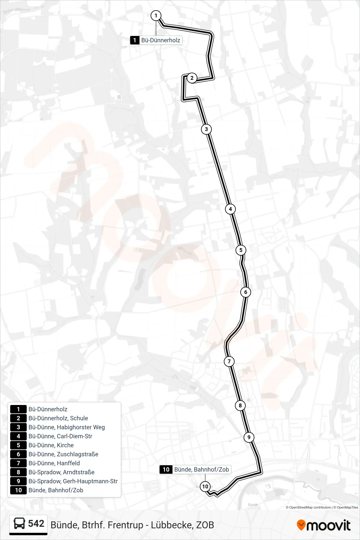542 bus Line (Bünde Bahnhof / Zob) route and stops on a map