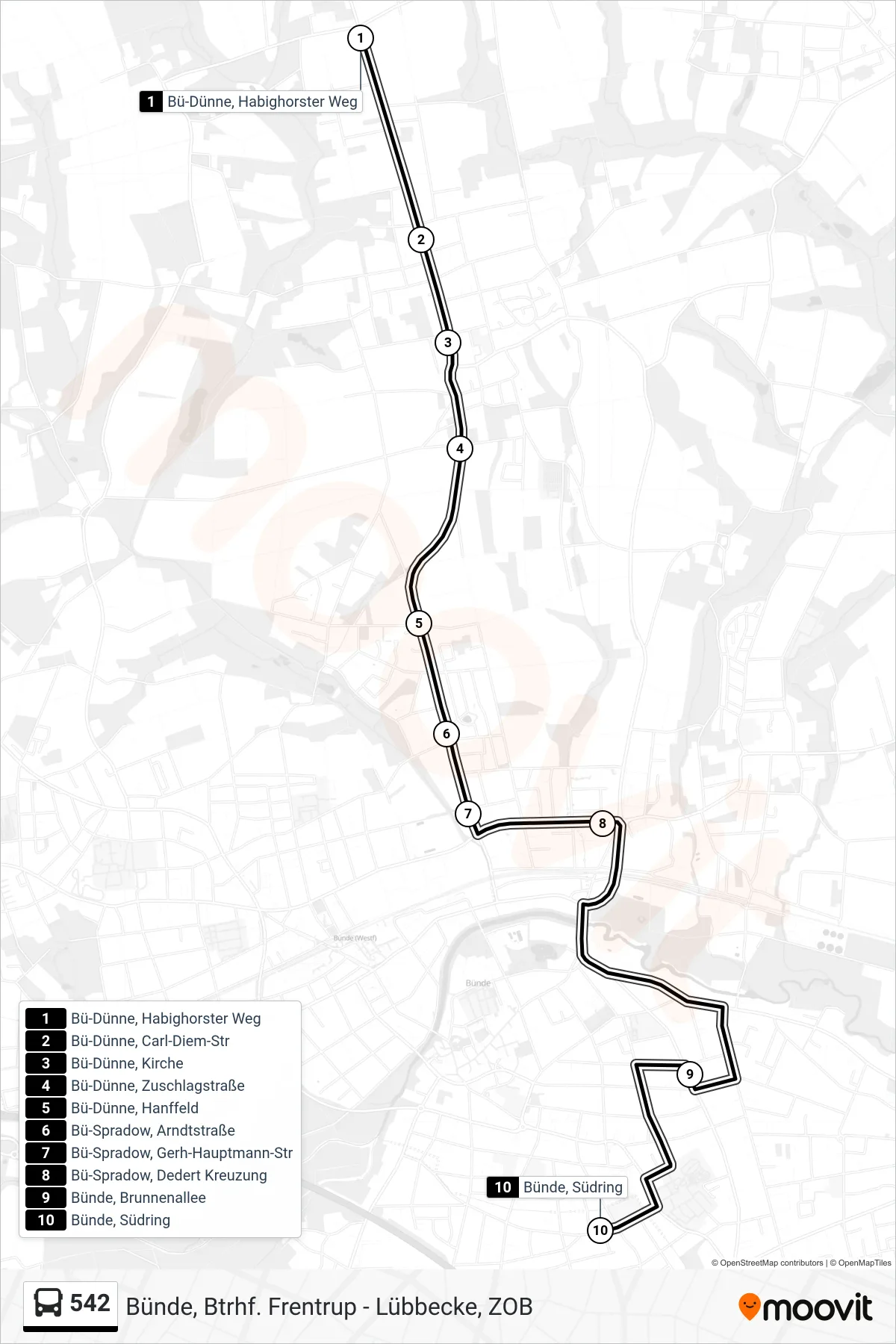542 bus Line (Bünde Südring) route and stops on a map