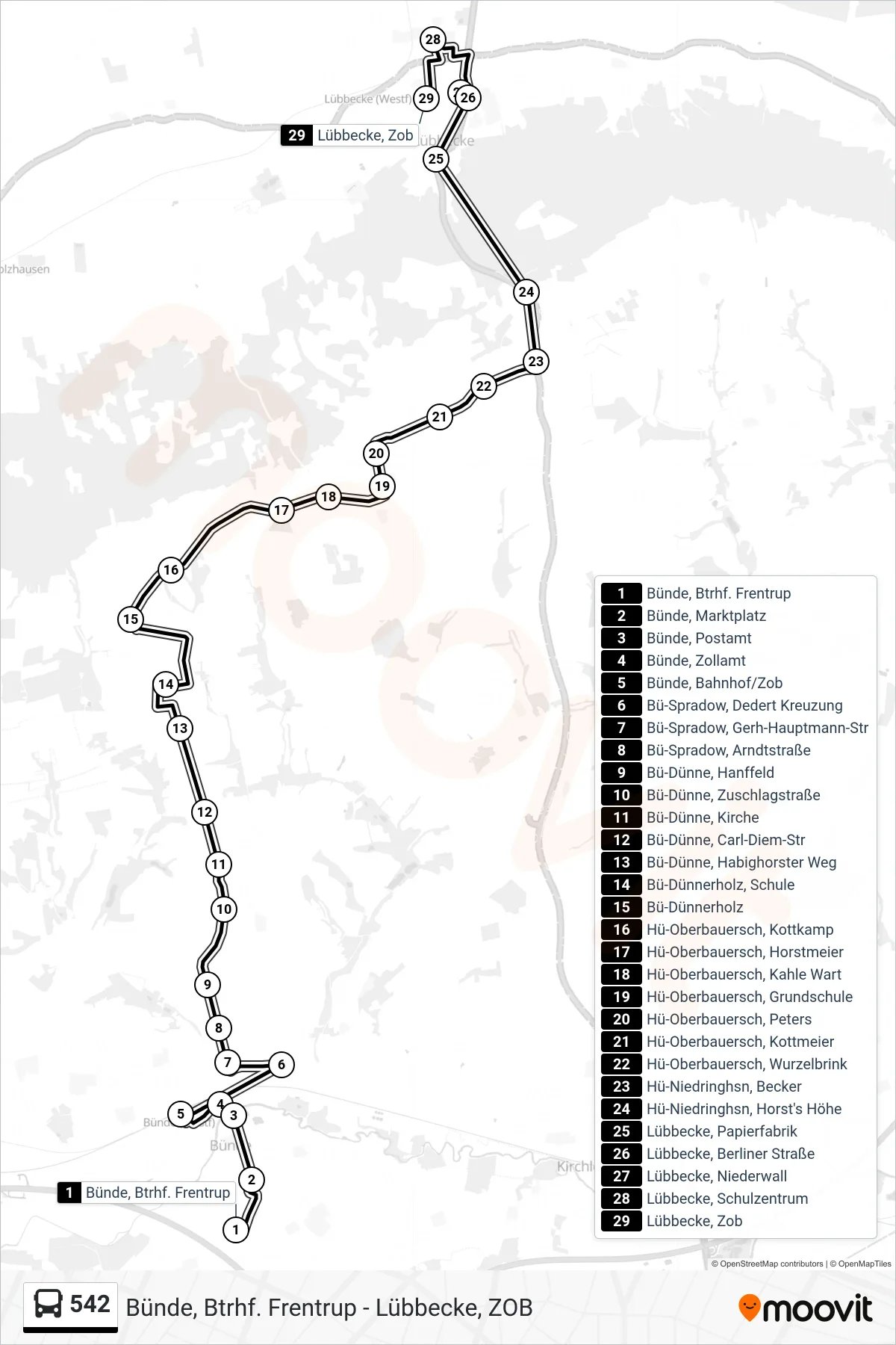 542 bus Line (Lübbecke Zob Üb. Lk Schulzentrum) route and stops on a map