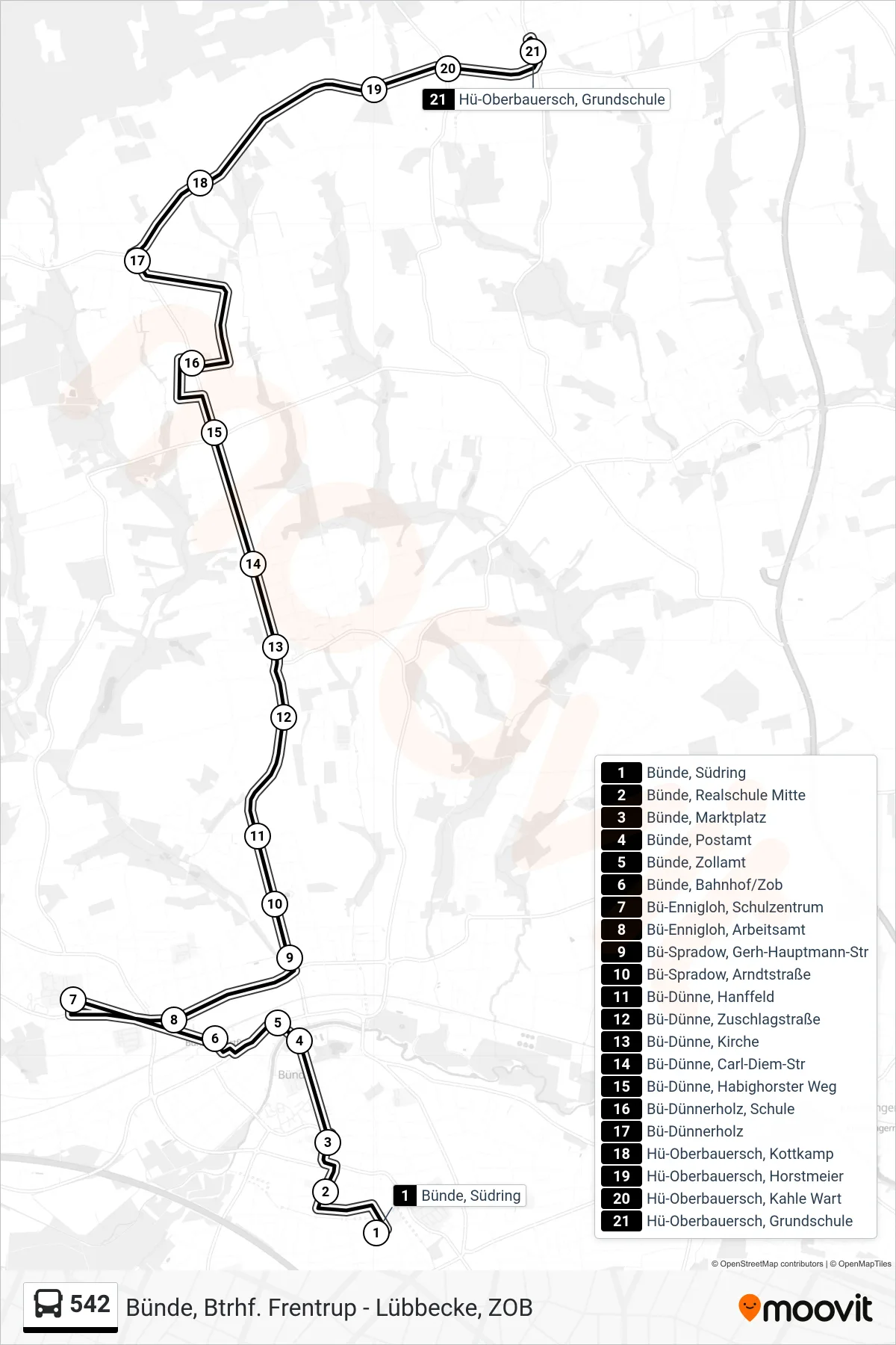 542 bus Line (Oberbauerschaft Üb. Sz Ennigloh) route and stops on a map