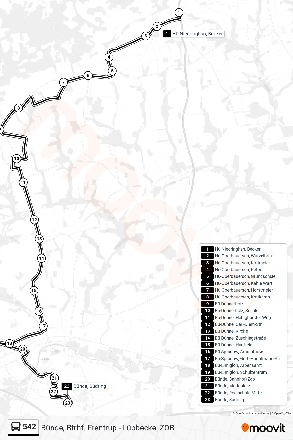 542 bus Line (Bünde Südring Üb. Sz Nord - Bahnhof) route and stops on a map