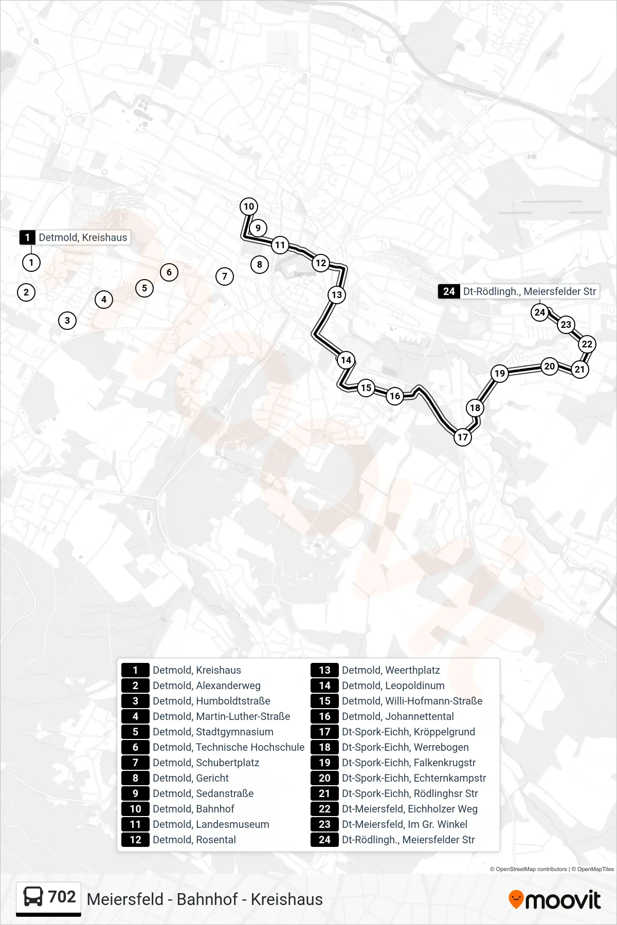 702 bus Line (Dt-Rödlingh., Meiersfelder Str) route and stops on a map