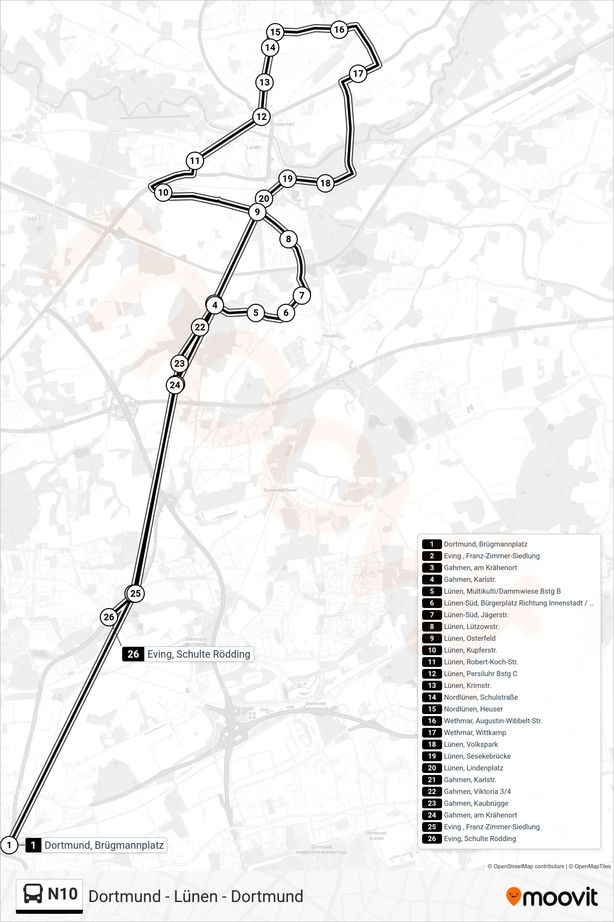 N10 bus Line (Eving, Schulte Rödding) route and stops on a map