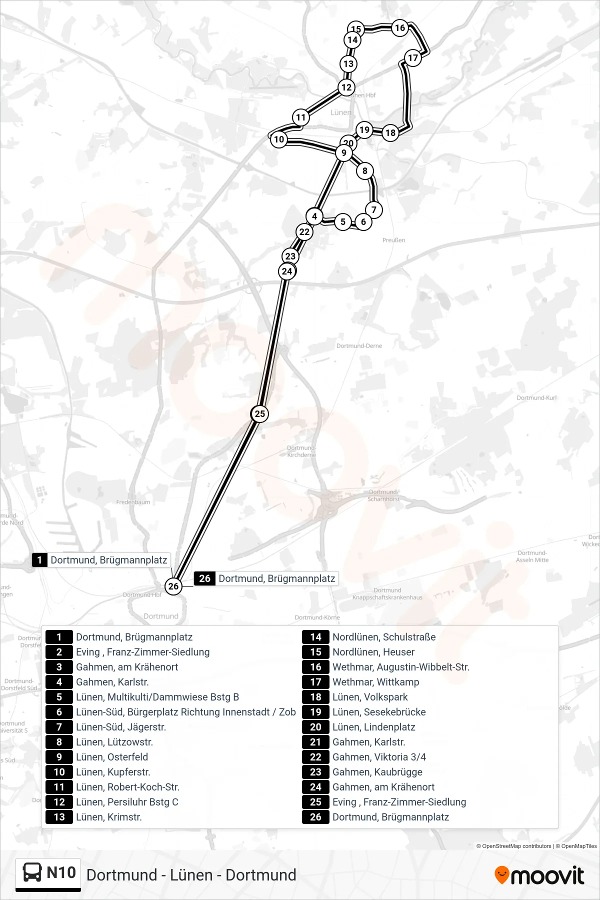 Linie N10 (Bus) Richtung Dortmund, Brügmannplatz: Route und Haltestellen auf der Karte