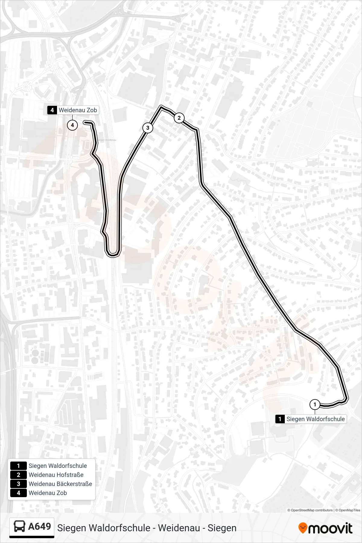 A649 bus Line (Weidenau Zob Bstg 3b) route and stops on a map