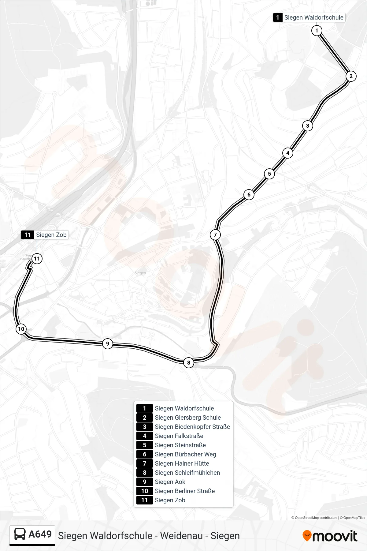 Linie A649 (Bus) Richtung Siegen Zob Bstg E: Route und Haltestellen auf der Karte