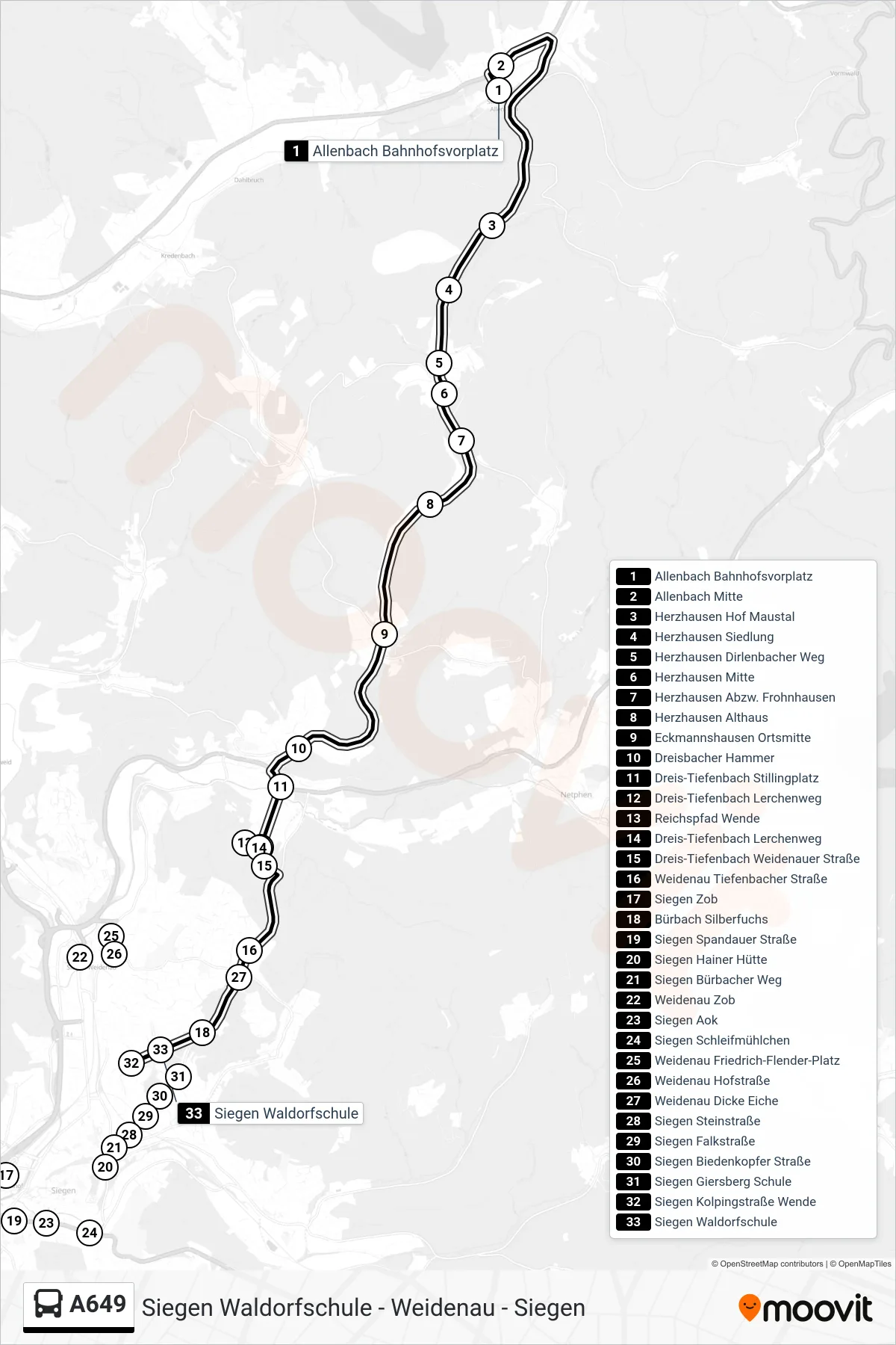 A649 bus Line (Siegen Waldorfschule) route and stops on a map