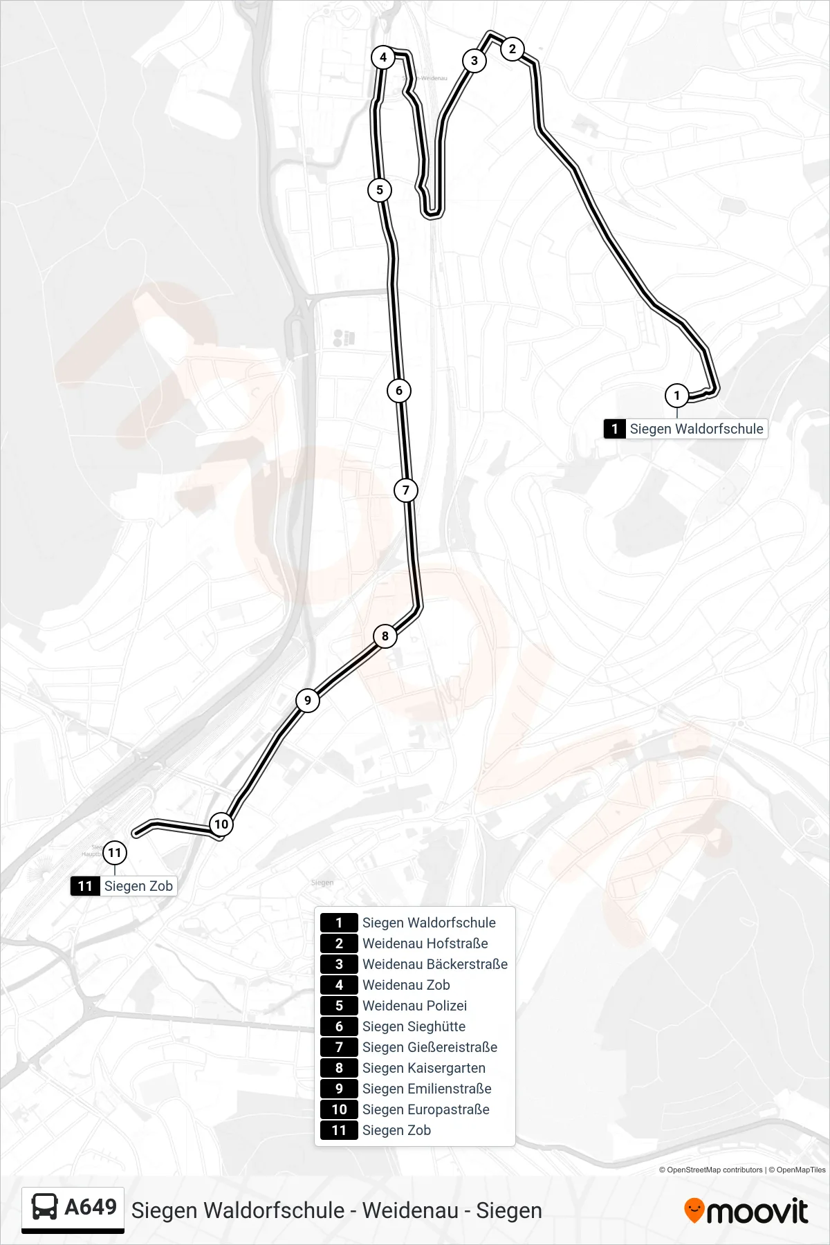 A649 bus Line (Siegen Zob Bstg A) route and stops on a map