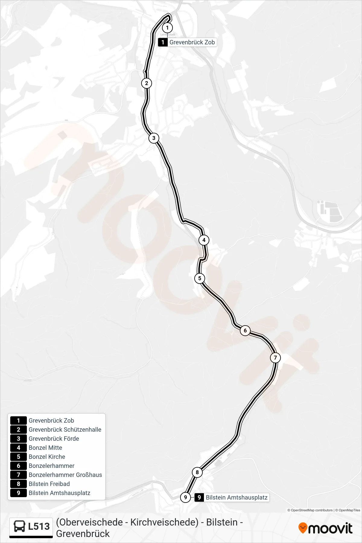 L513 bus Line (Bilstein Amtshausplatz) route and stops on a map