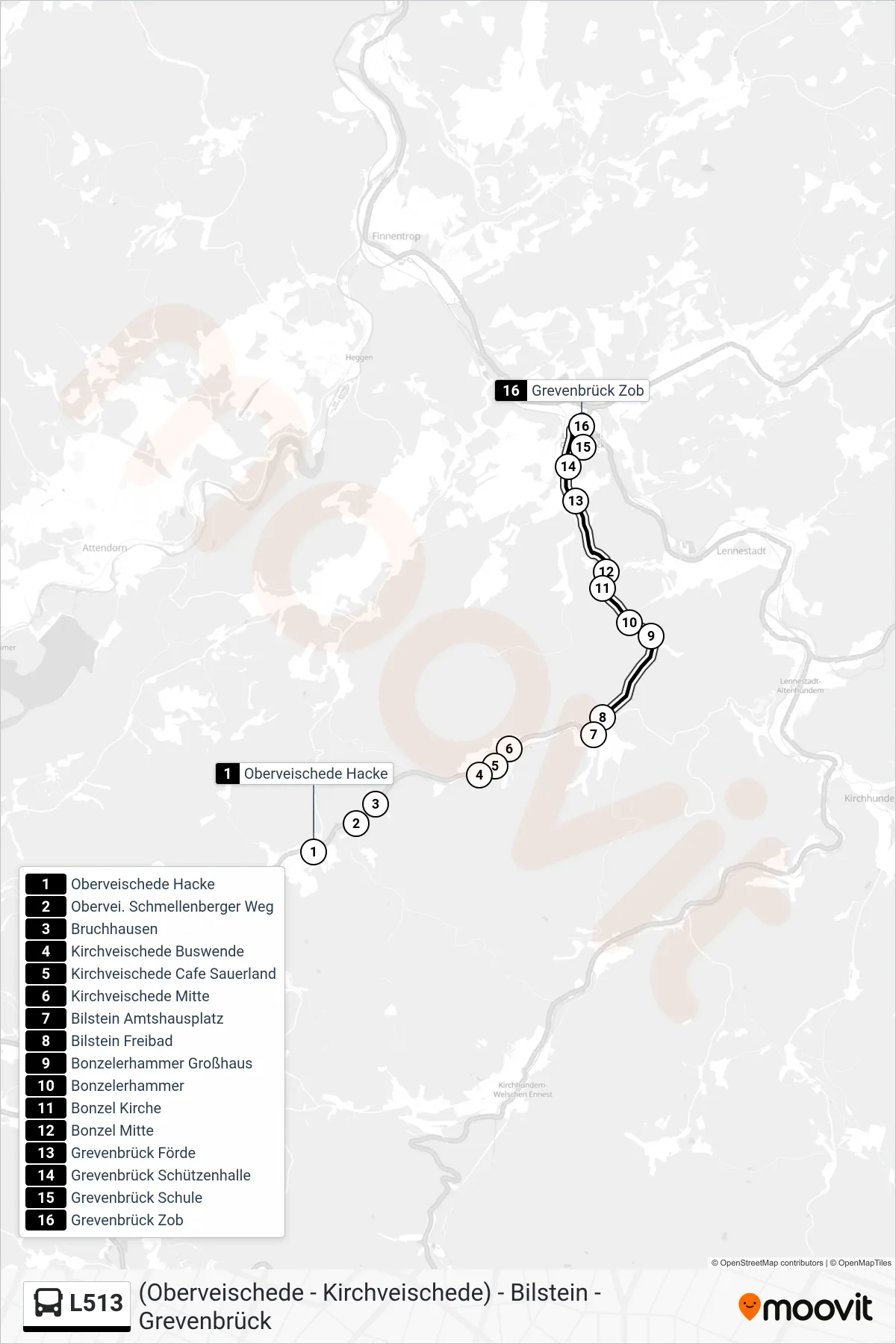 L513 bus Line (Grevenbrück Zob Bstg 2b) route and stops on a map