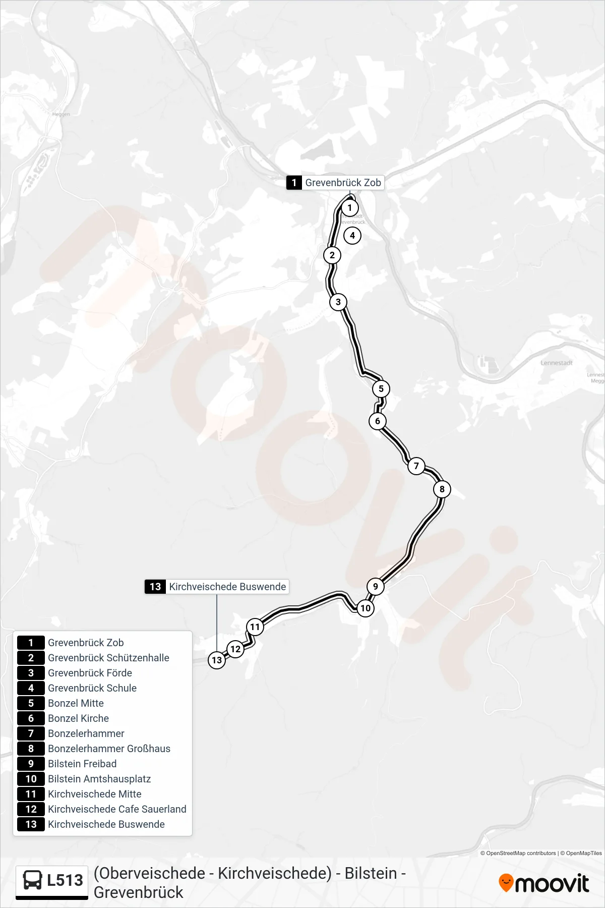 Linie L513 (Bus) Richtung Kirchveischede Buswende: Route und Haltestellen auf der Karte