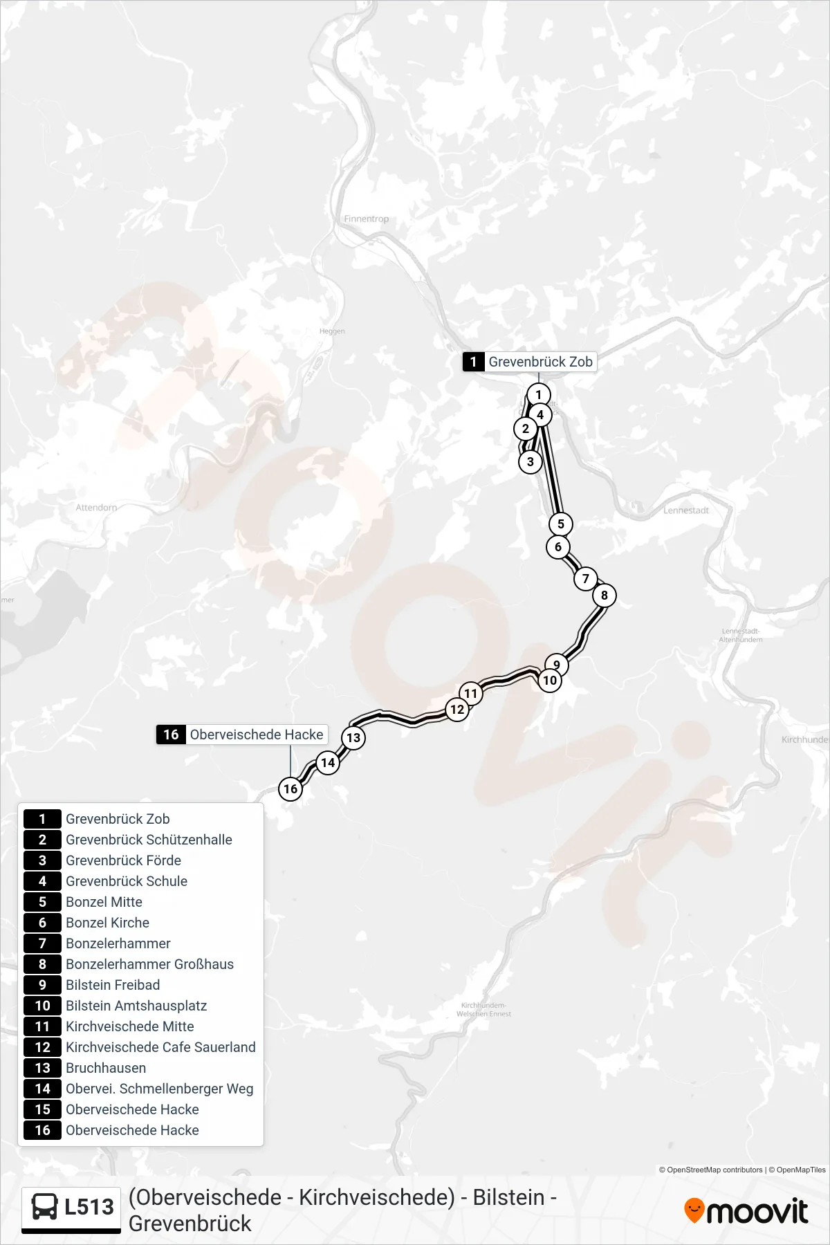 L513 bus Line (Oberveischede Hacke) route and stops on a map