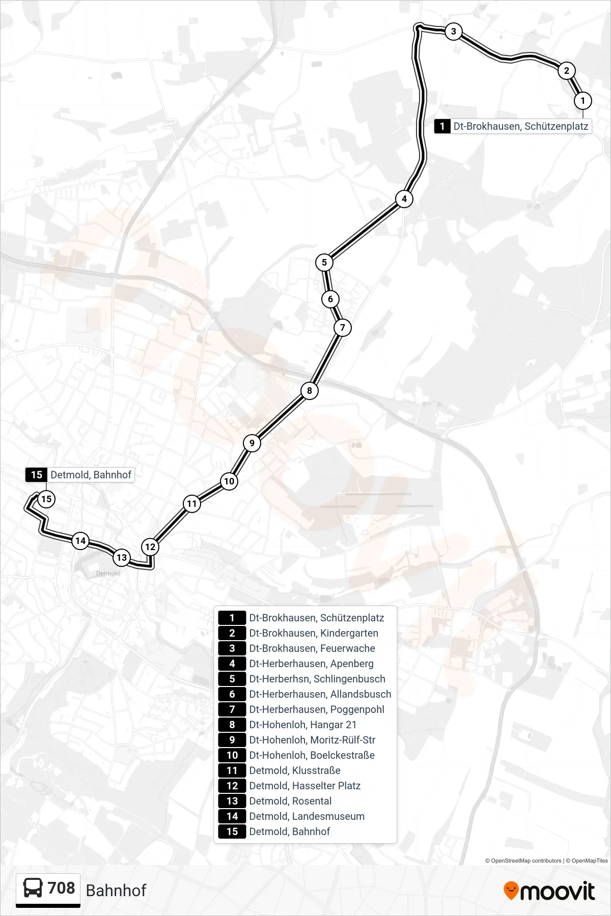 708 bus Line (Bahnhof) route and stops on a map