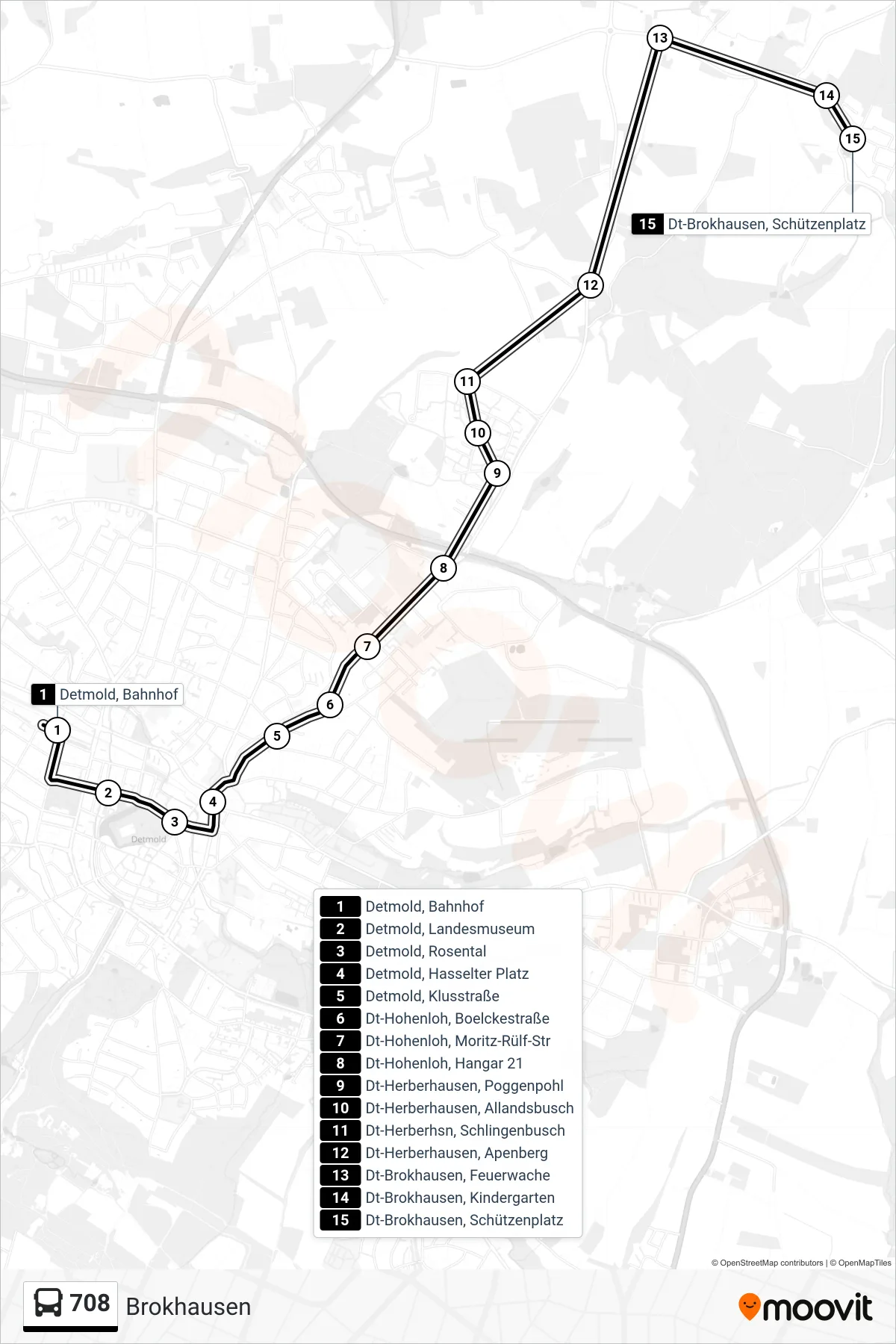 708 bus Line (Brokhausen) route and stops on a map