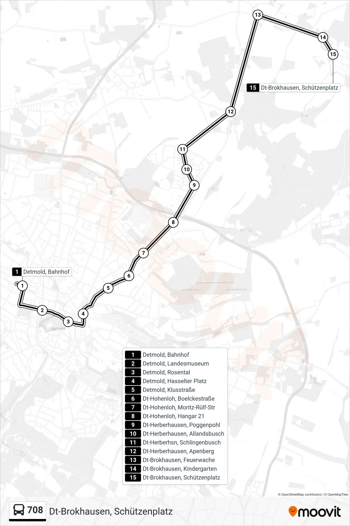 708 bus Line (Dt-Brokhausen, Schützenplatz) route and stops on a map