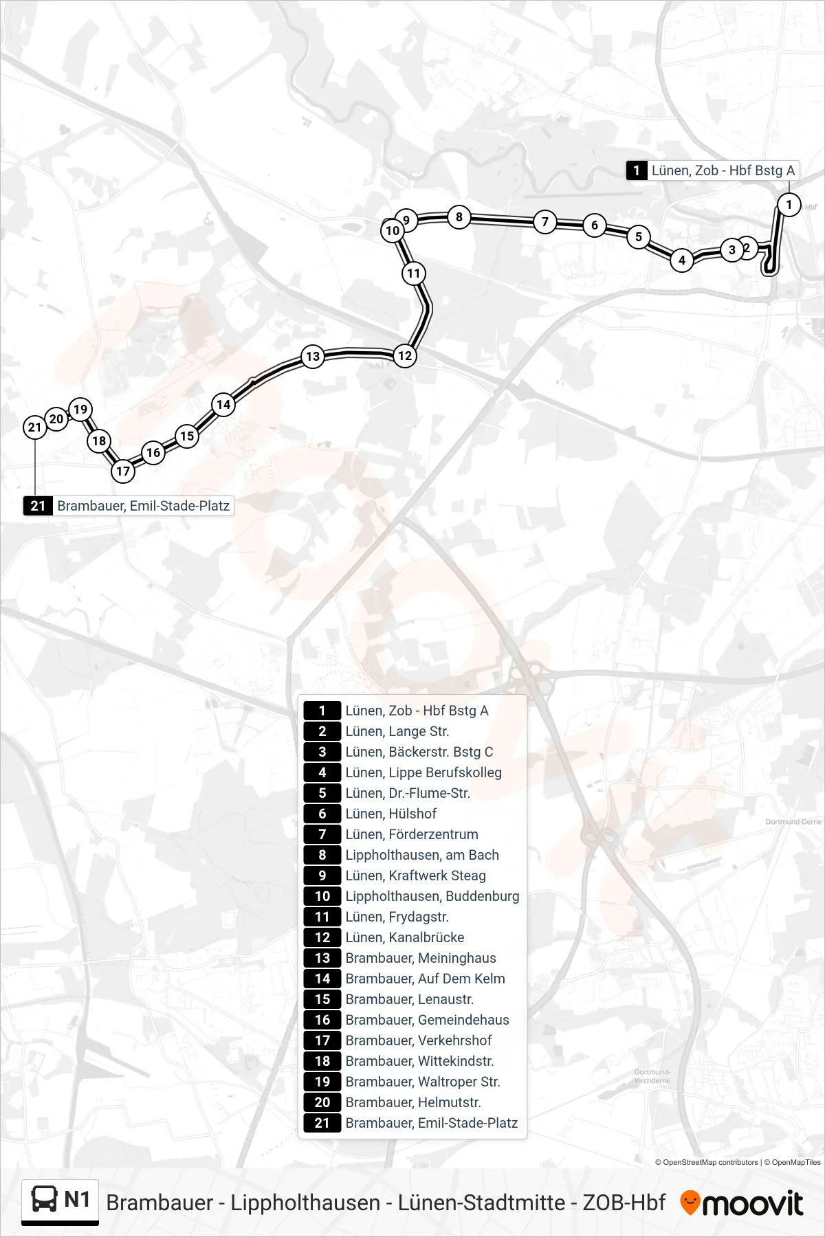 Linie N1 (Bus) Richtung Brambauer, Emil-Stade-Platz: Route und Haltestellen auf der Karte