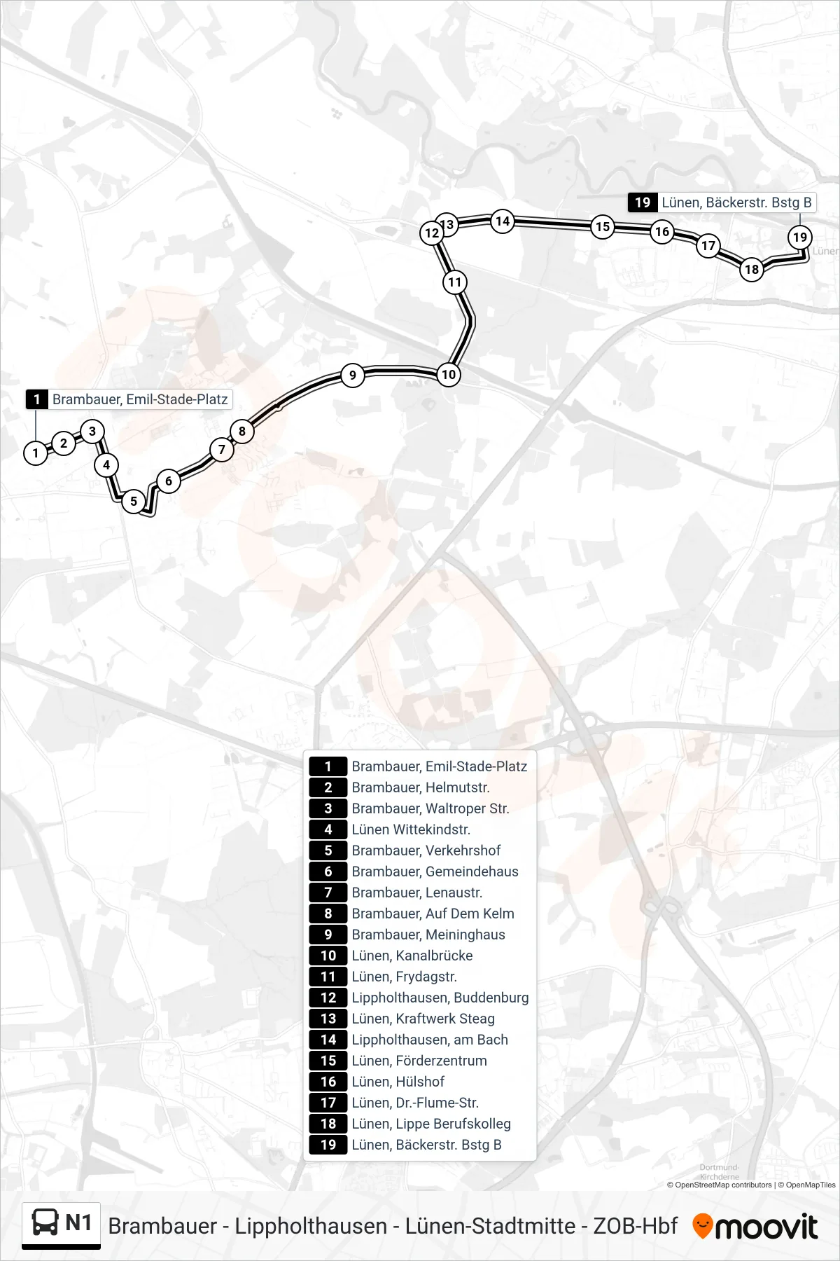 N1 bus Line (Lünen, Bäckerstr. Bstg B) route and stops on a map