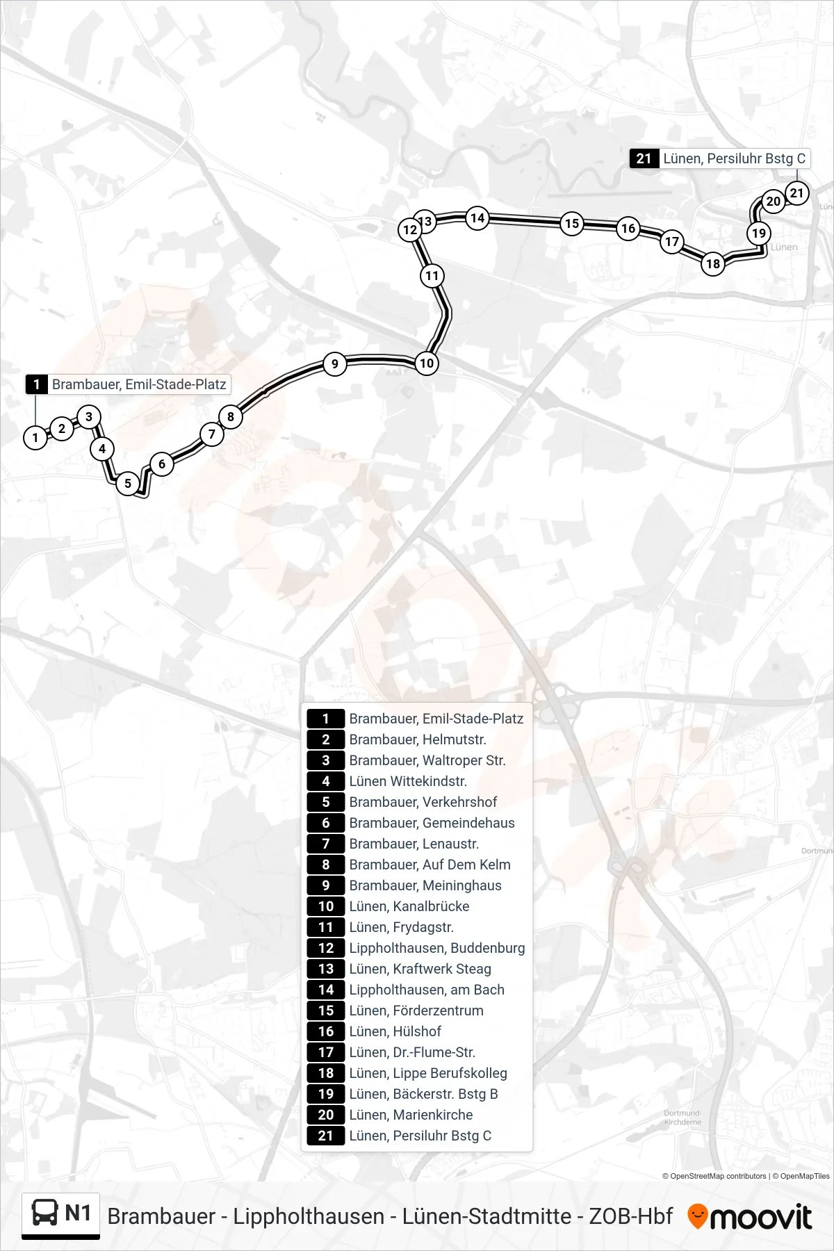 Linie N1 (Bus) Richtung Lünen, Persiluhr Bstg C: Route und Haltestellen auf der Karte