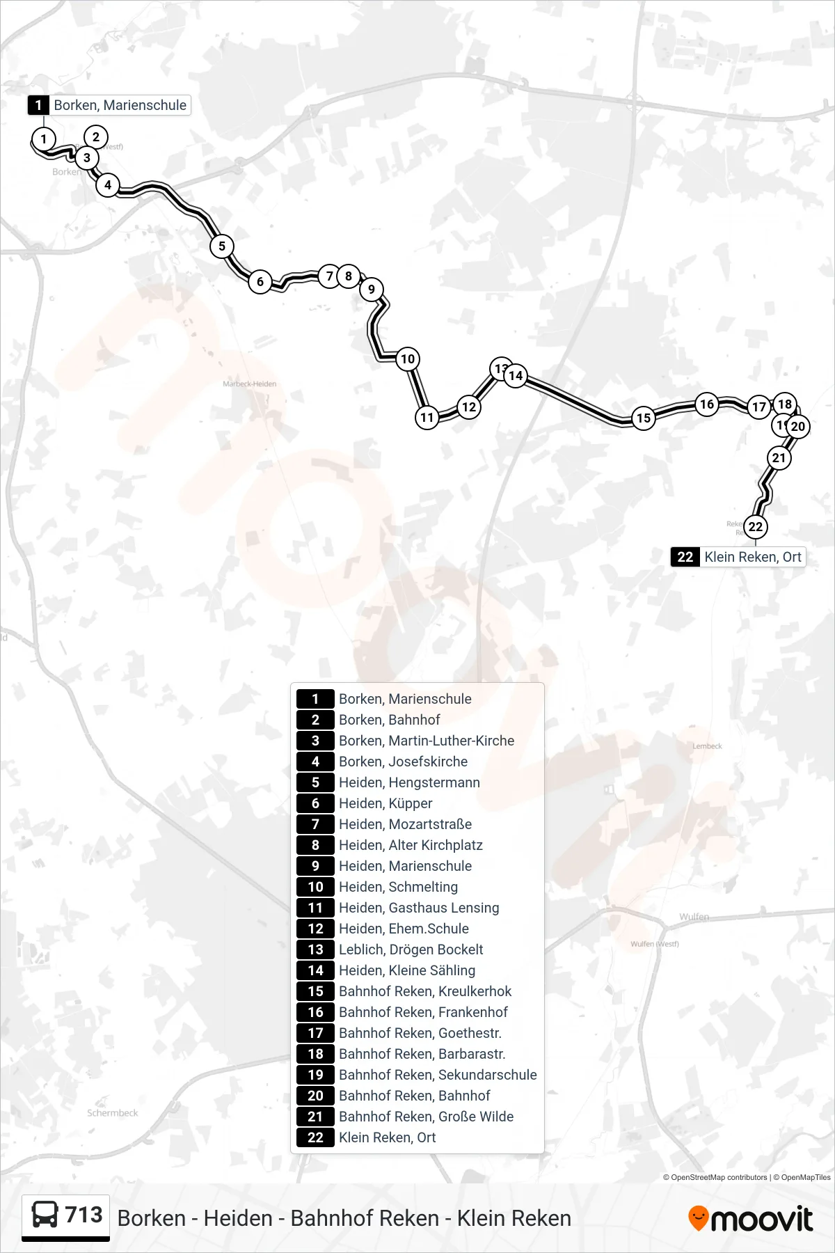 713 bus Line (Klein Reken, Ort) route and stops on a map