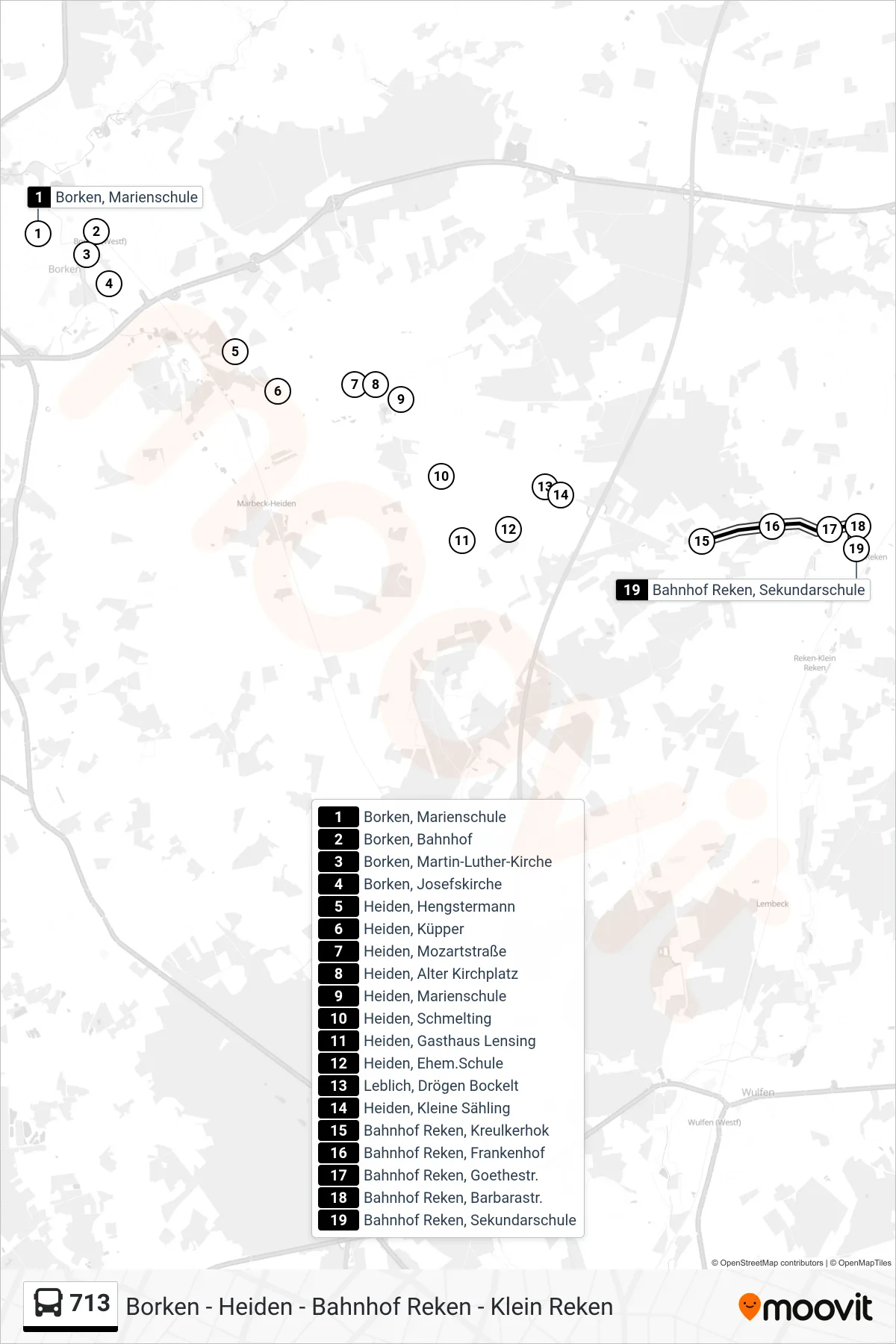 713 bus Line (Bahnhof Reken, Sekundarschule) route and stops on a map