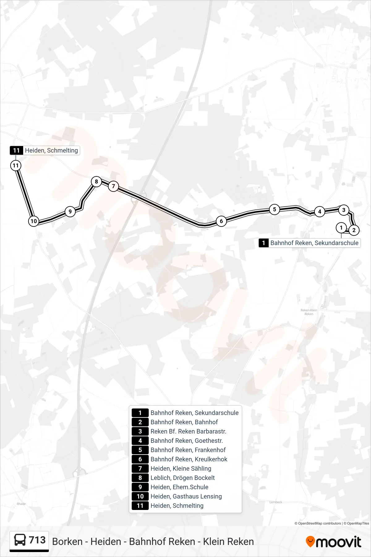 713 bus Line (Heiden, Schmelting) route and stops on a map