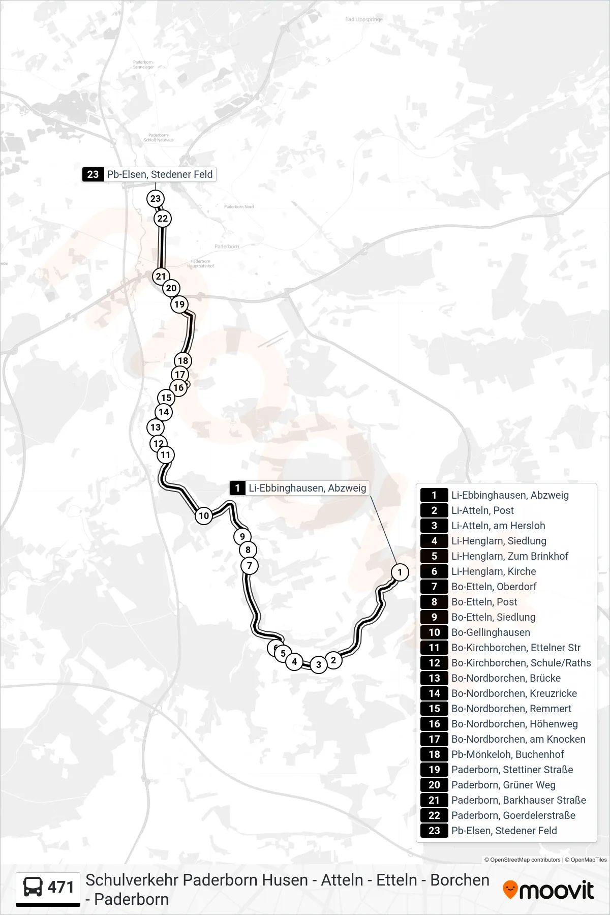 471 bus Line (Pb-Elsen, Stedener Feld) route and stops on a map