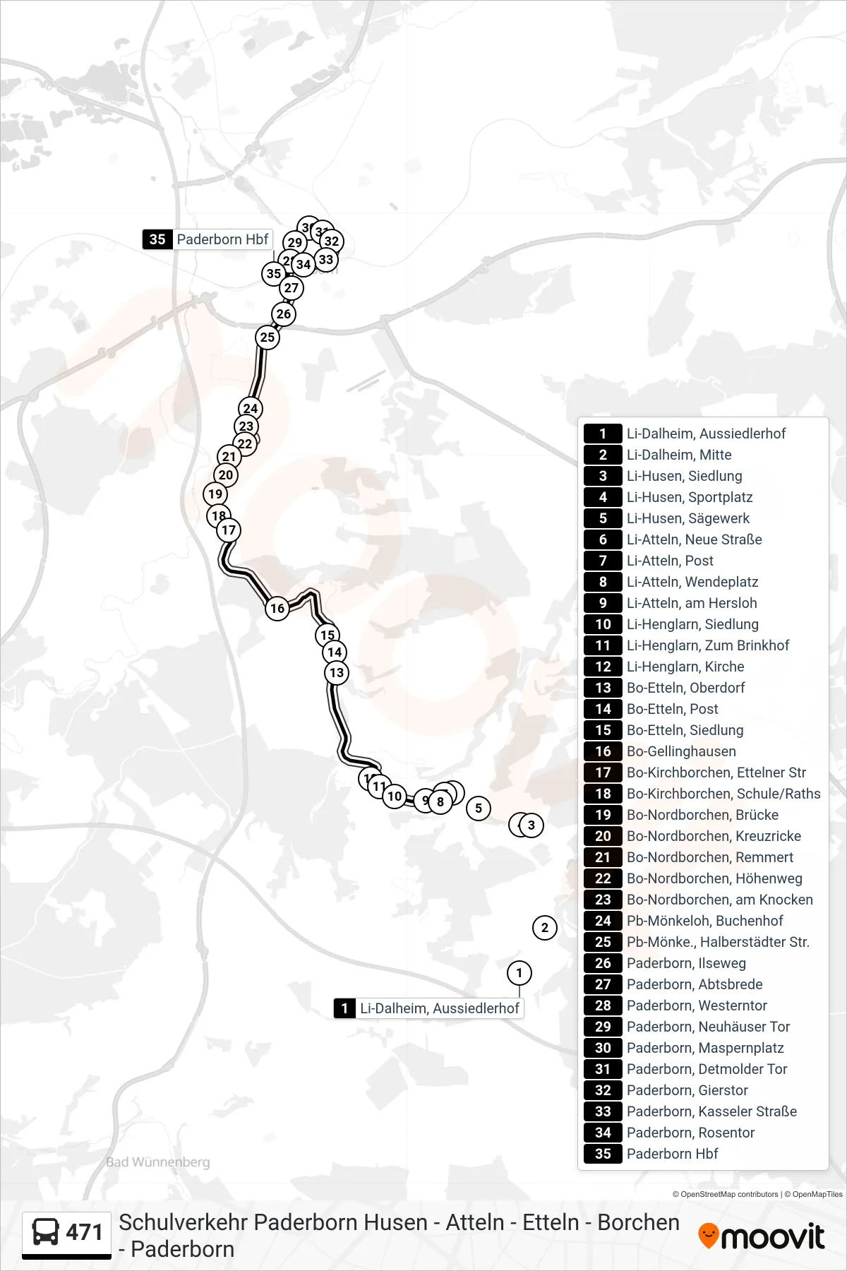 471 bus Line (Paderborn Hbf Bstg B) route and stops on a map