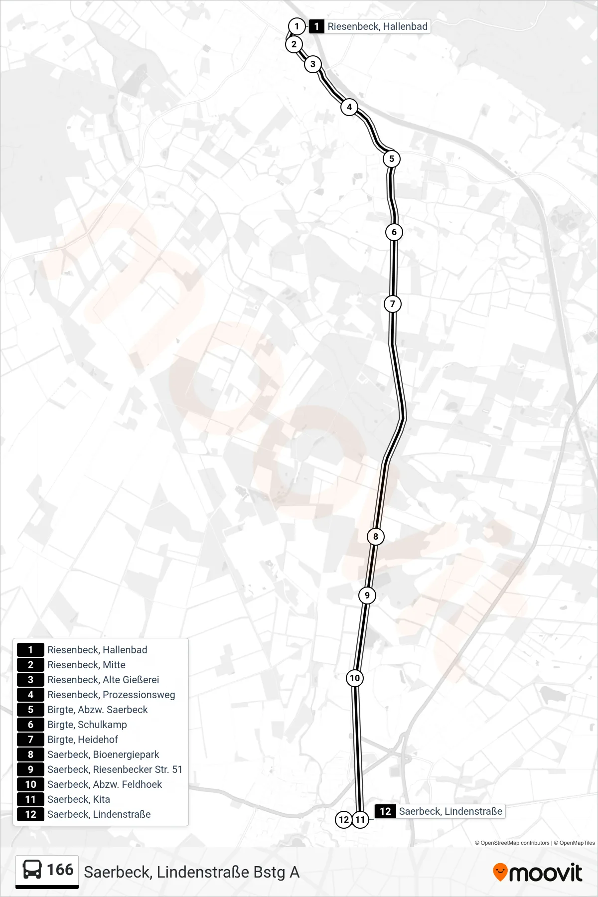 Linie 166 (Bus) Richtung Saerbeck, Lindenstraße Bstg A: Route und Haltestellen auf der Karte