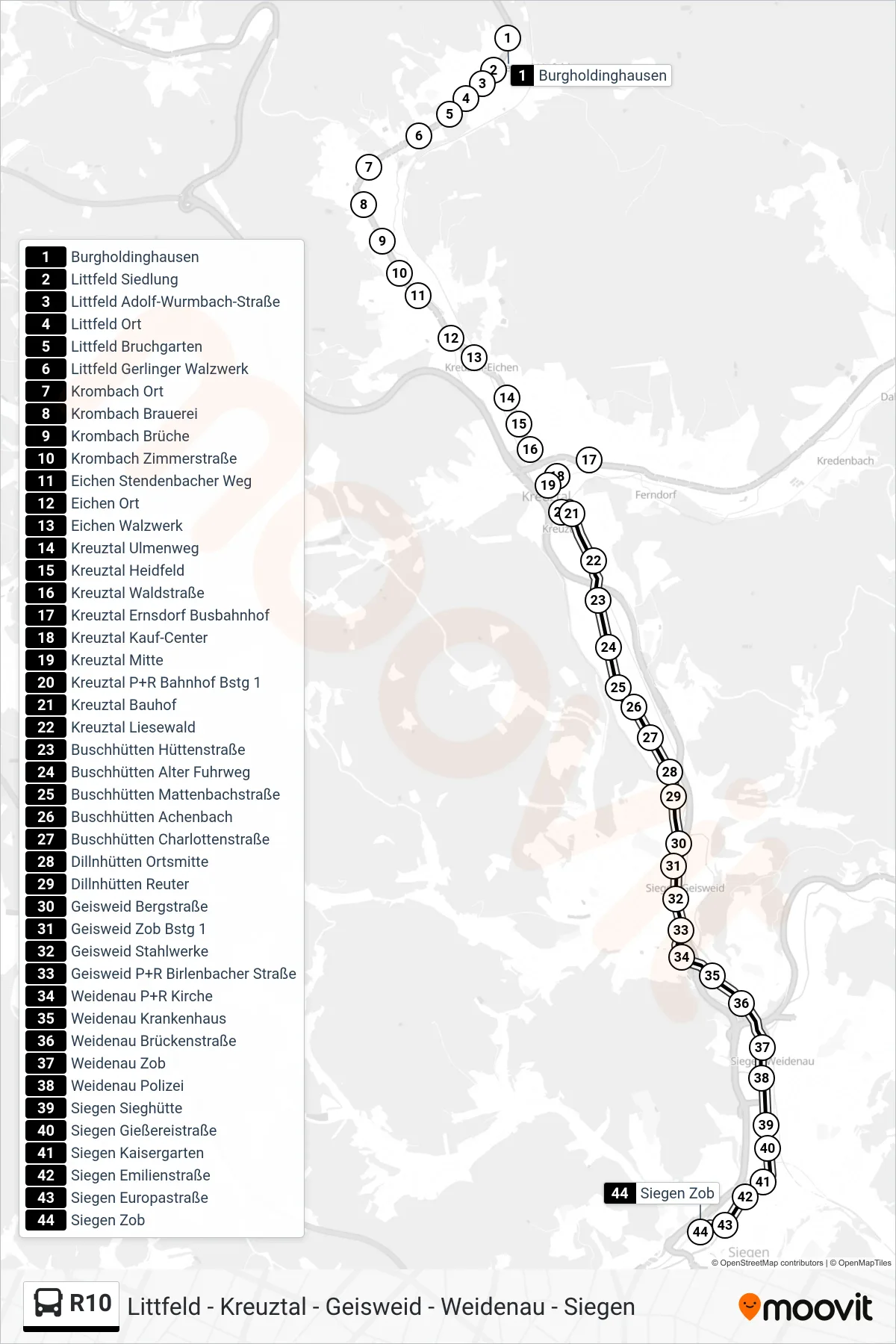 R10 bus Line (Siegen Zob Bstg A) route and stops on a map
