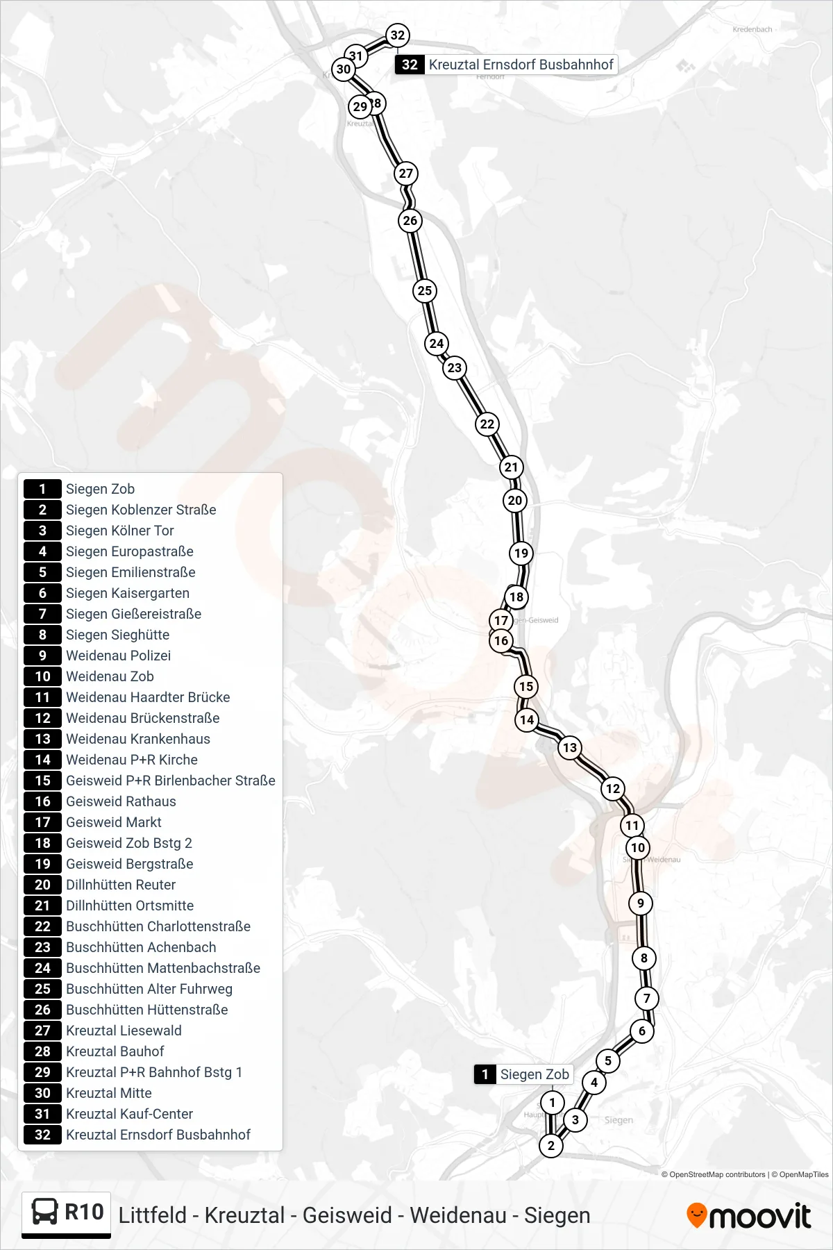 Linie R10 (Bus) Richtung Kreuztal Ernsdorf Busbahnhof: Route und Haltestellen auf der Karte