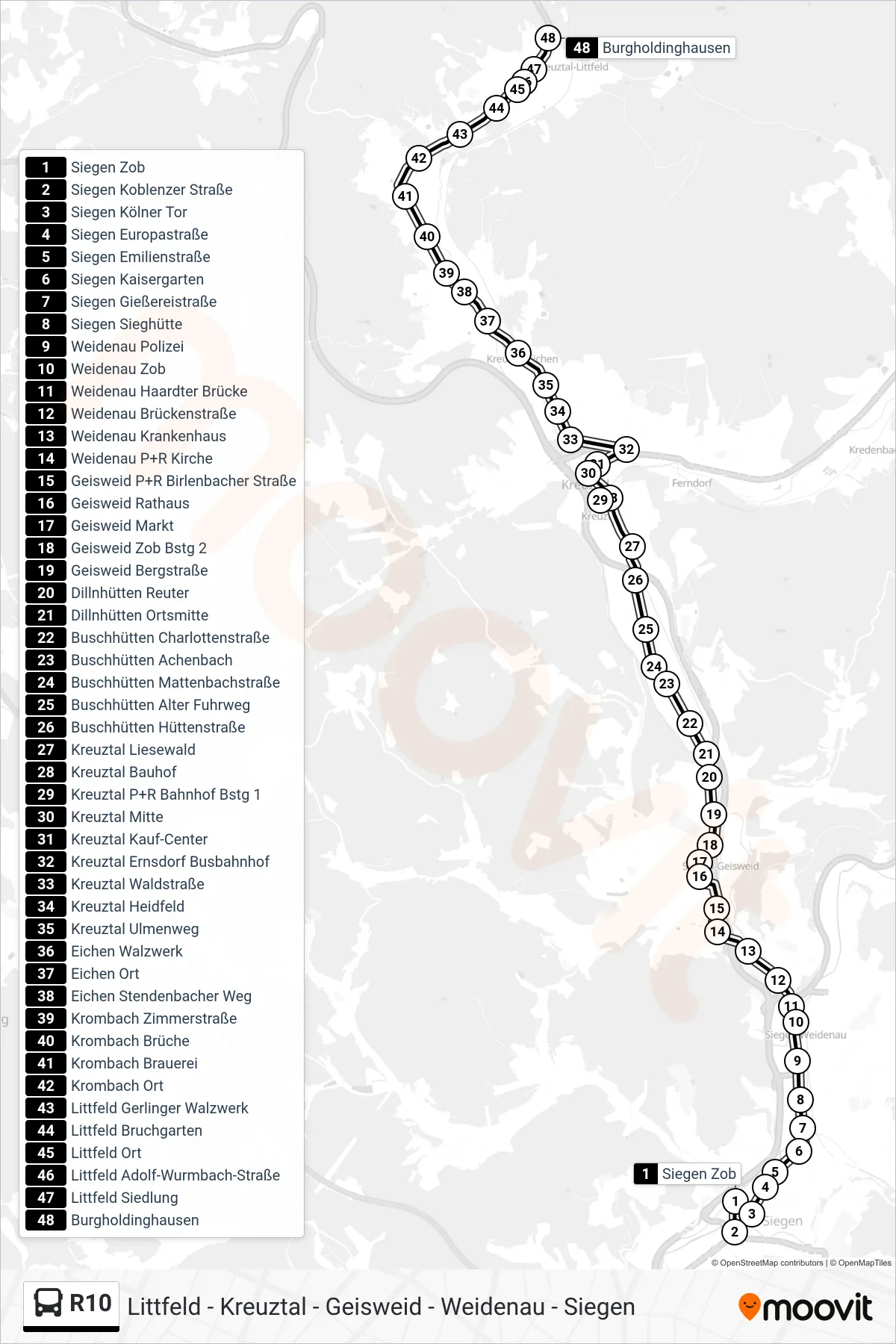 R10 bus Line (Burgholdinghausen) route and stops on a map